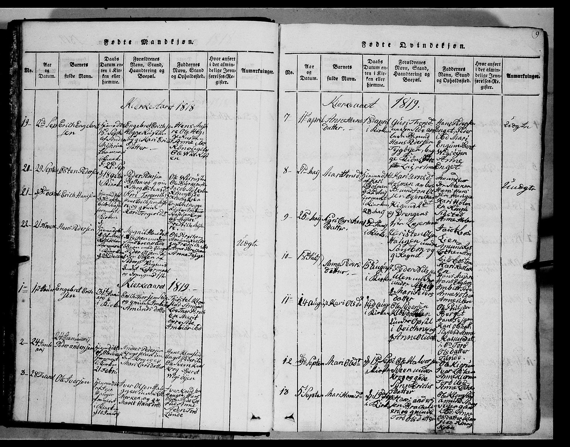 Fron prestekontor, SAH/PREST-078/H/Ha/Hab/L0002: Parish register (copy) no. 2, 1816-1850, p. 9