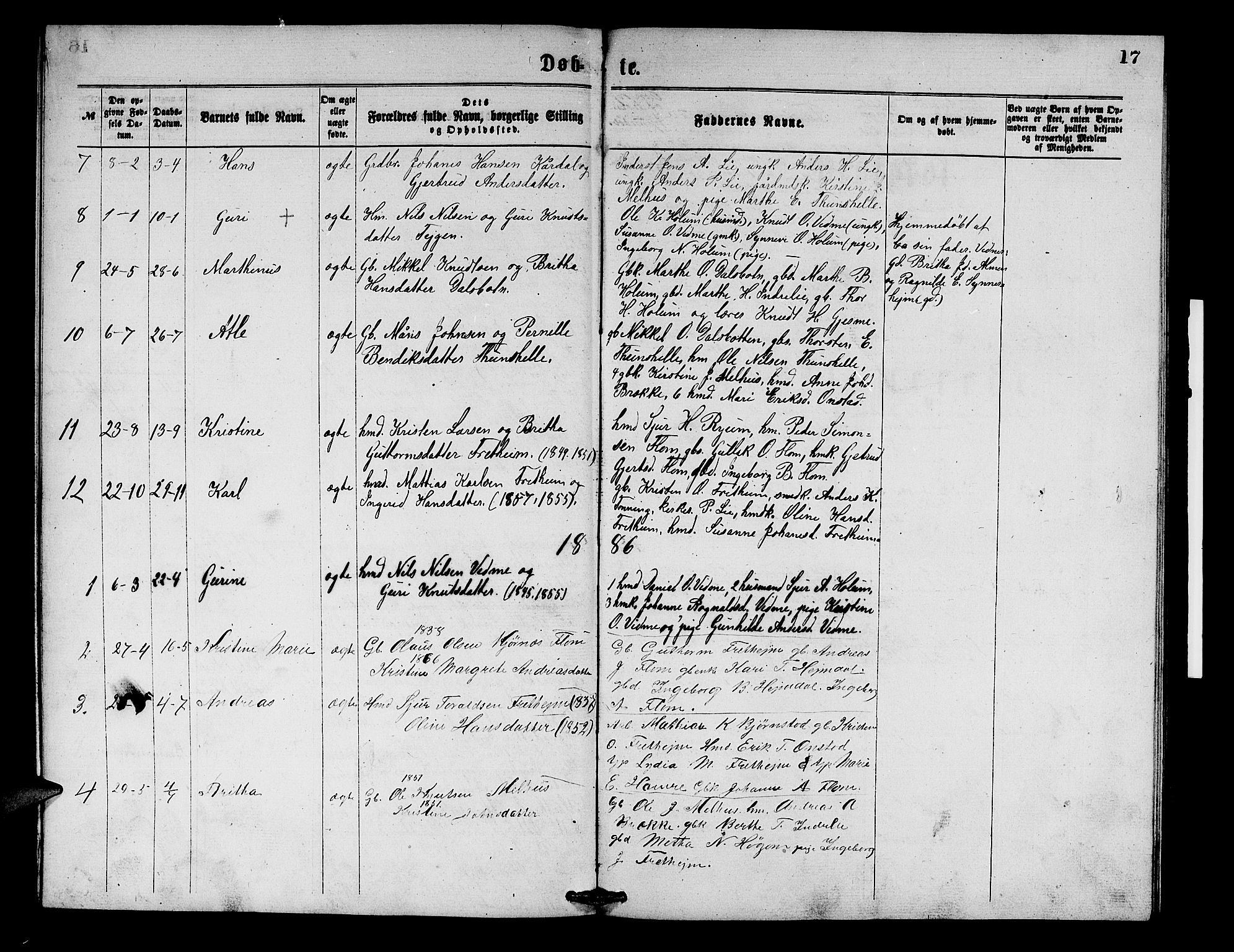Aurland sokneprestembete, SAB/A-99937/H/Hb/Hbb/L0001: Parish register (copy) no. B 1, 1868-1887, p. 17
