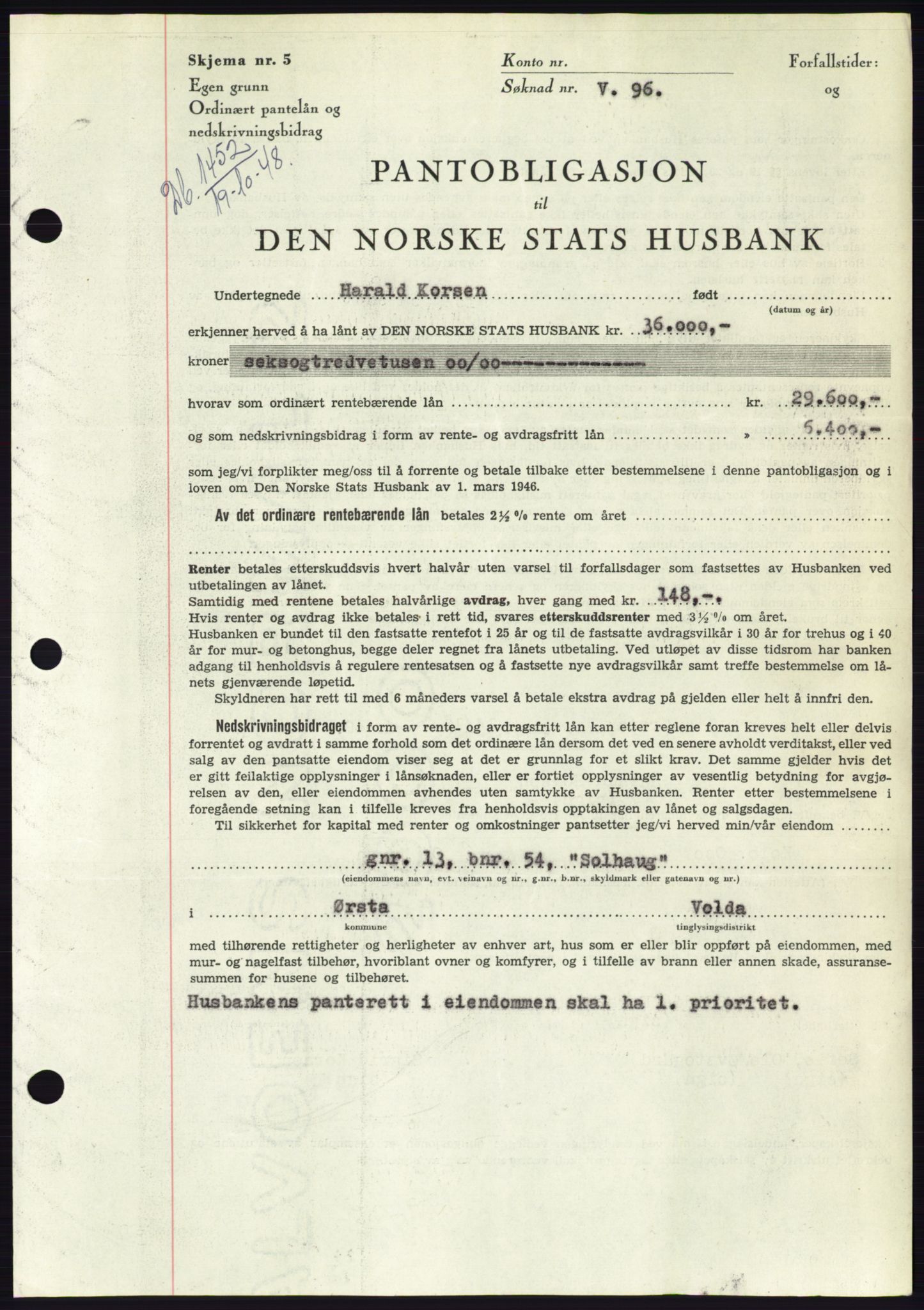 Søre Sunnmøre sorenskriveri, AV/SAT-A-4122/1/2/2C/L0116: Mortgage book no. 4B, 1948-1949, Diary no: : 1452/1948