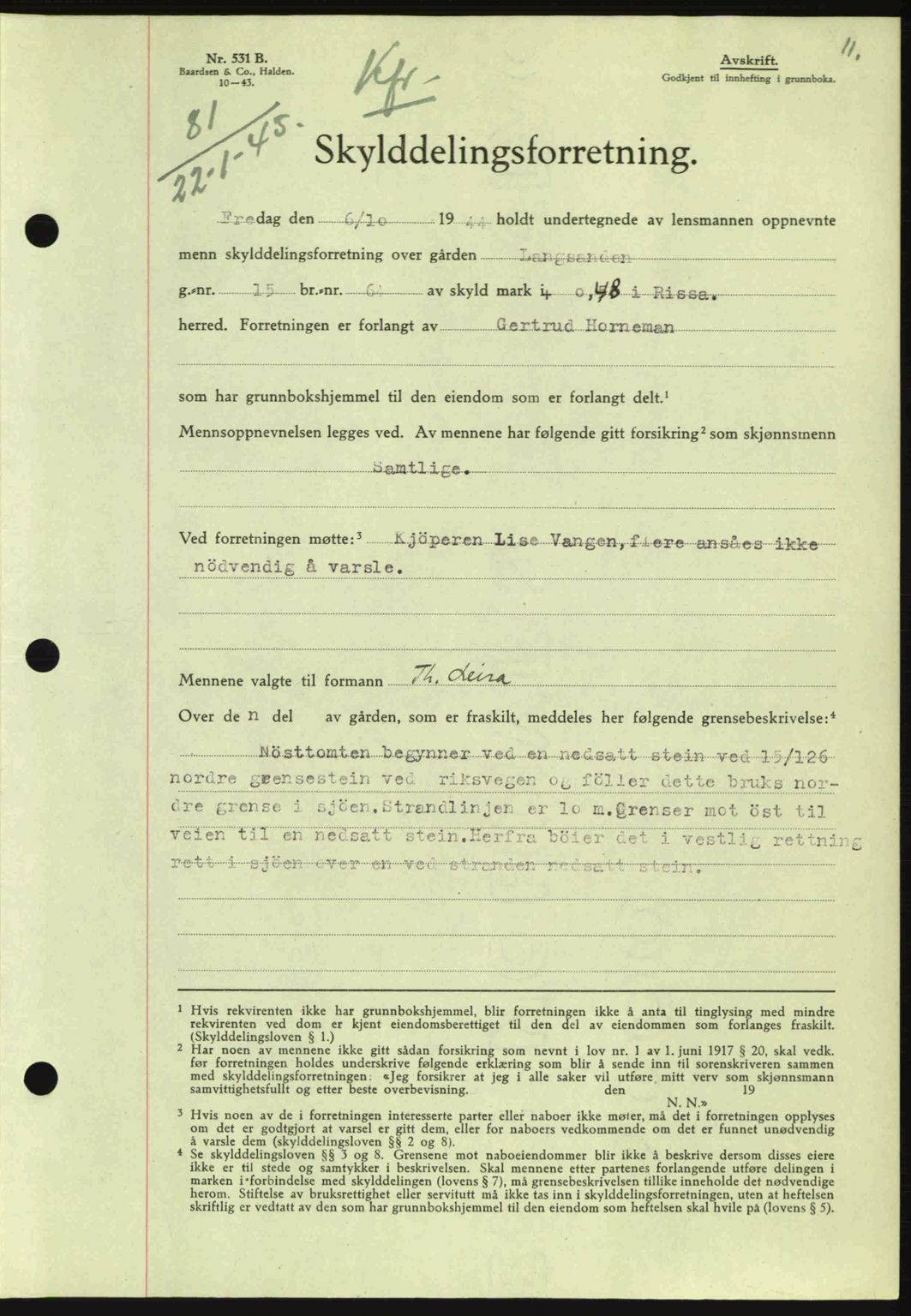 Fosen sorenskriveri, AV/SAT-A-1107/1/2/2C: Mortgage book no. A3, 1943-1945, Diary no: : 81/1945