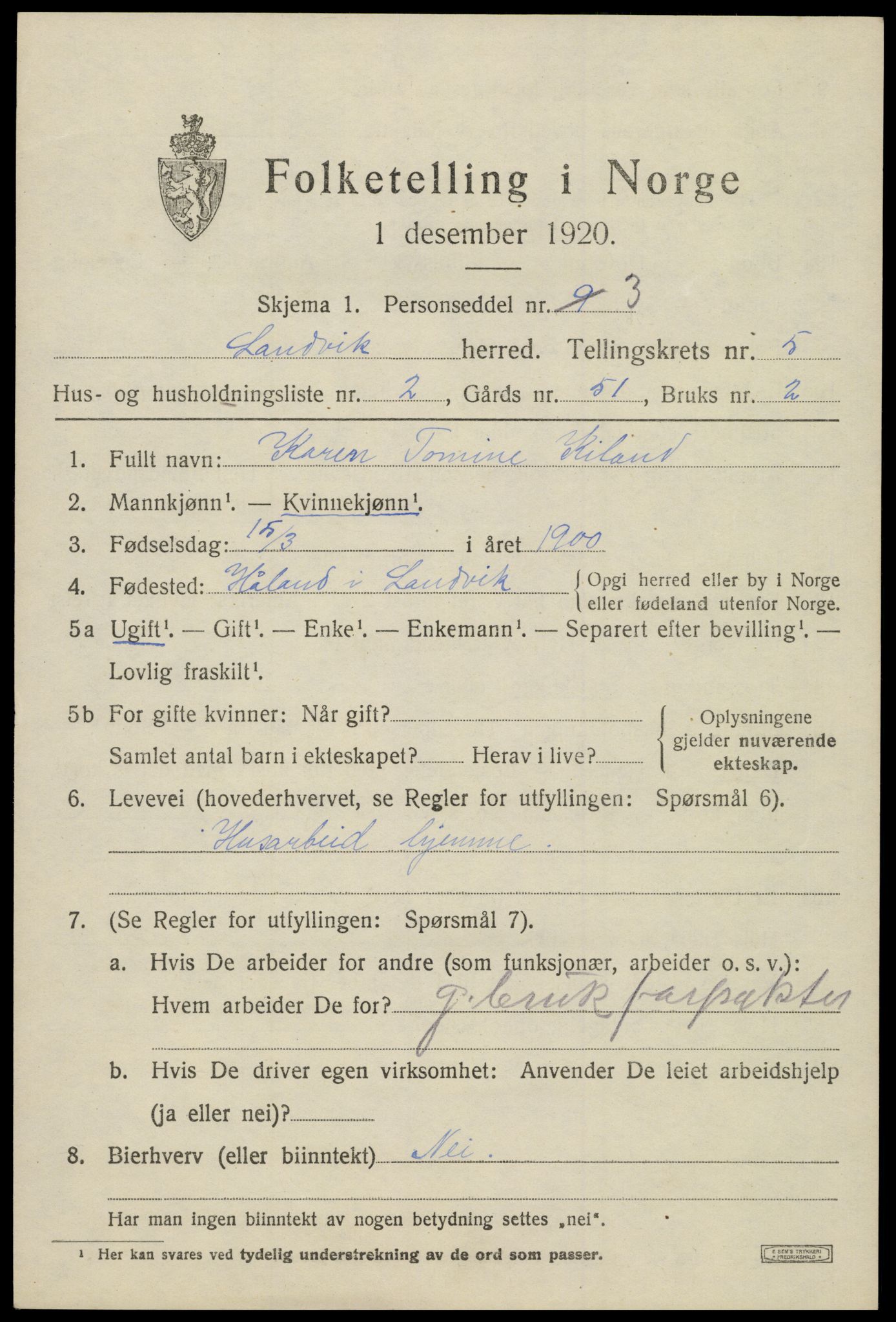 SAK, 1920 census for Landvik, 1920, p. 4024
