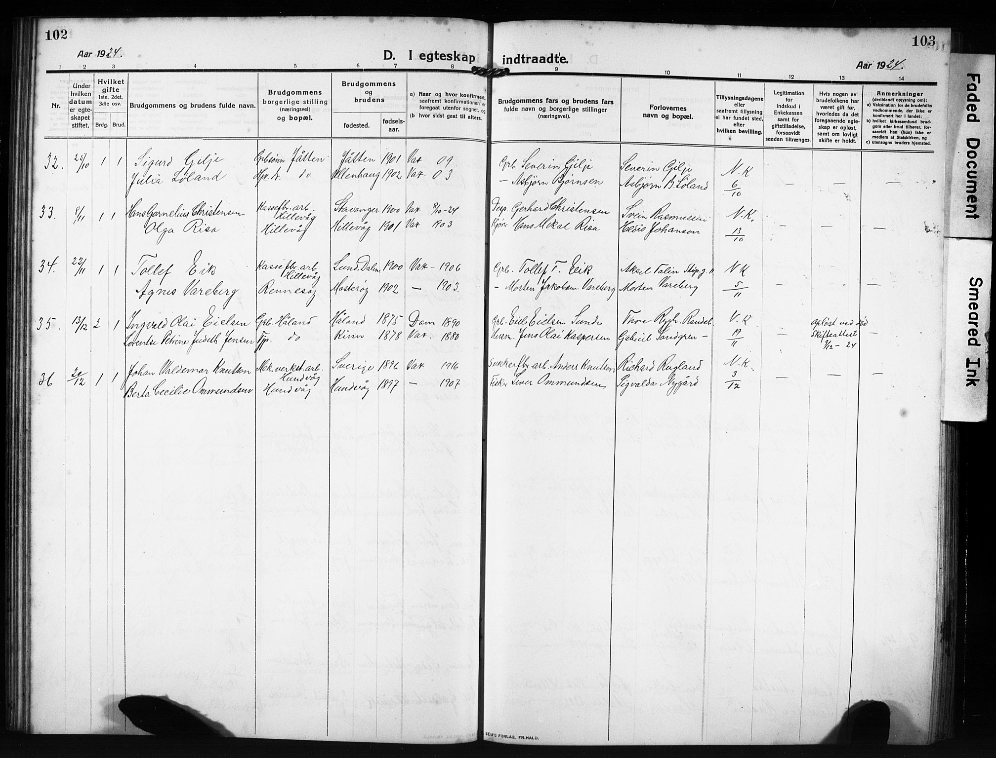 Hetland sokneprestkontor, AV/SAST-A-101826/30/30BB/L0009: Parish register (copy) no. B 9, 1910-1931, p. 102-103