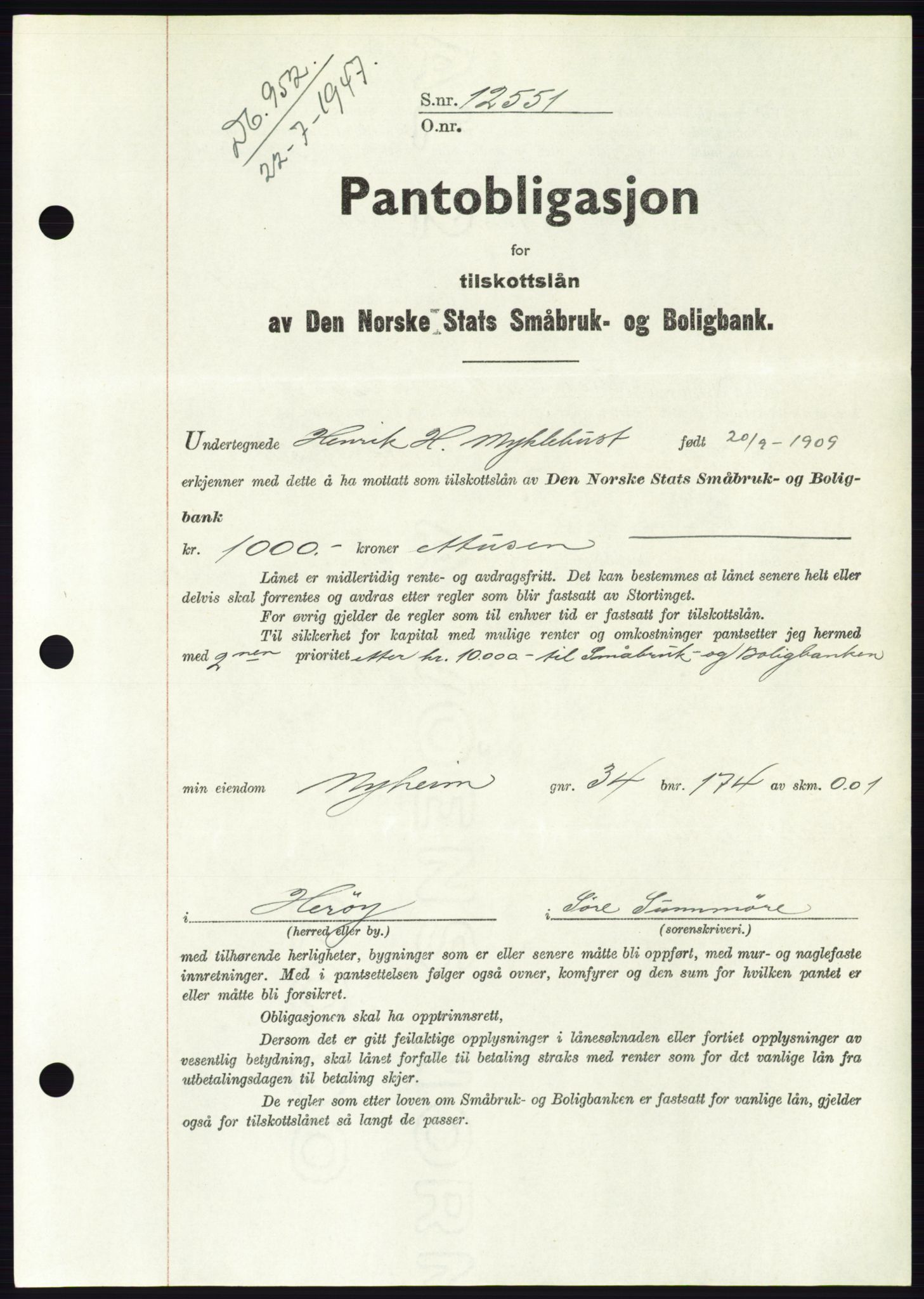 Søre Sunnmøre sorenskriveri, AV/SAT-A-4122/1/2/2C/L0115: Mortgage book no. 3B, 1947-1948, Diary no: : 952/1947