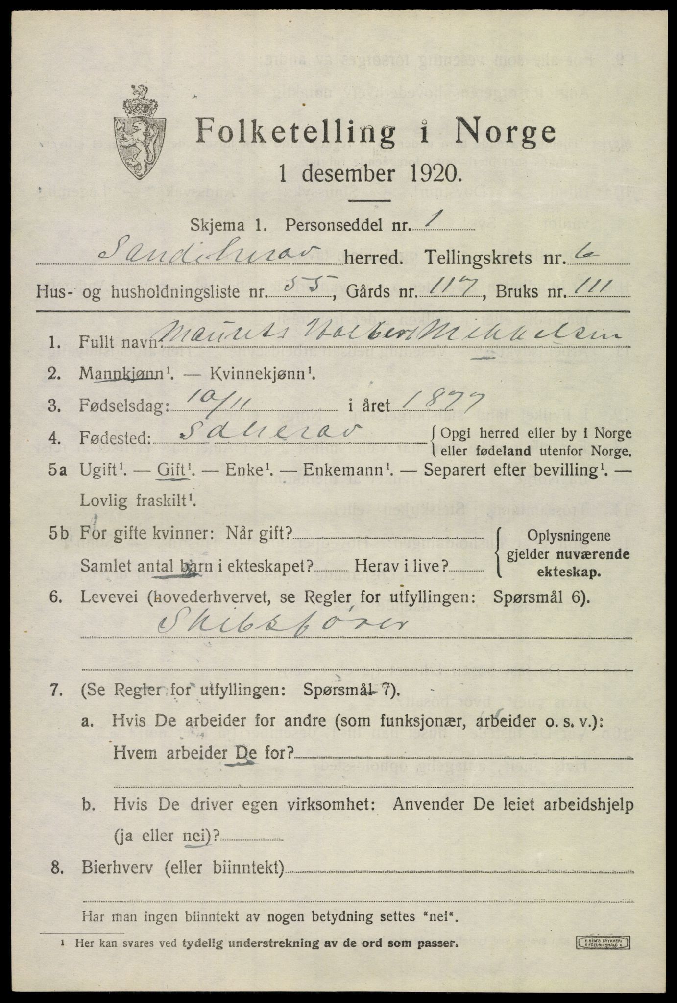 SAKO, 1920 census for Sandeherred, 1920, p. 10304