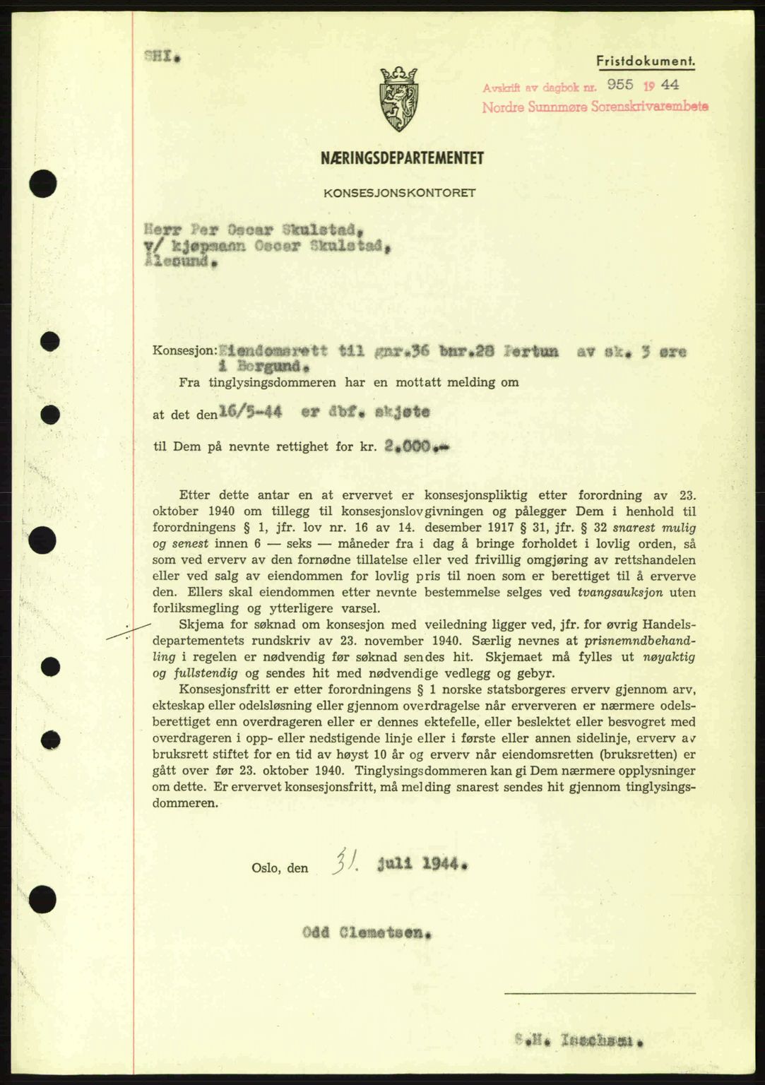 Nordre Sunnmøre sorenskriveri, SAT/A-0006/1/2/2C/2Ca: Mortgage book no. B6-14 a, 1942-1945, Diary no: : 955/1944