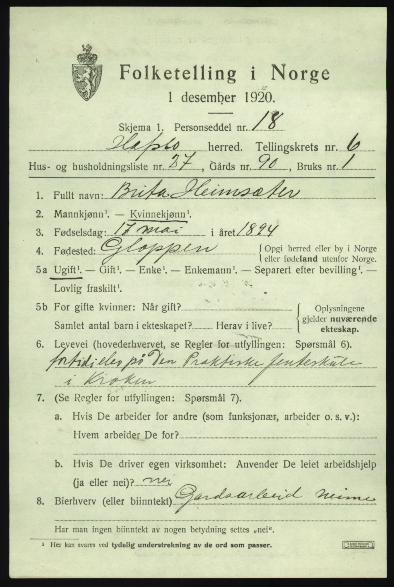 SAB, 1920 census for Hafslo, 1920, p. 4850