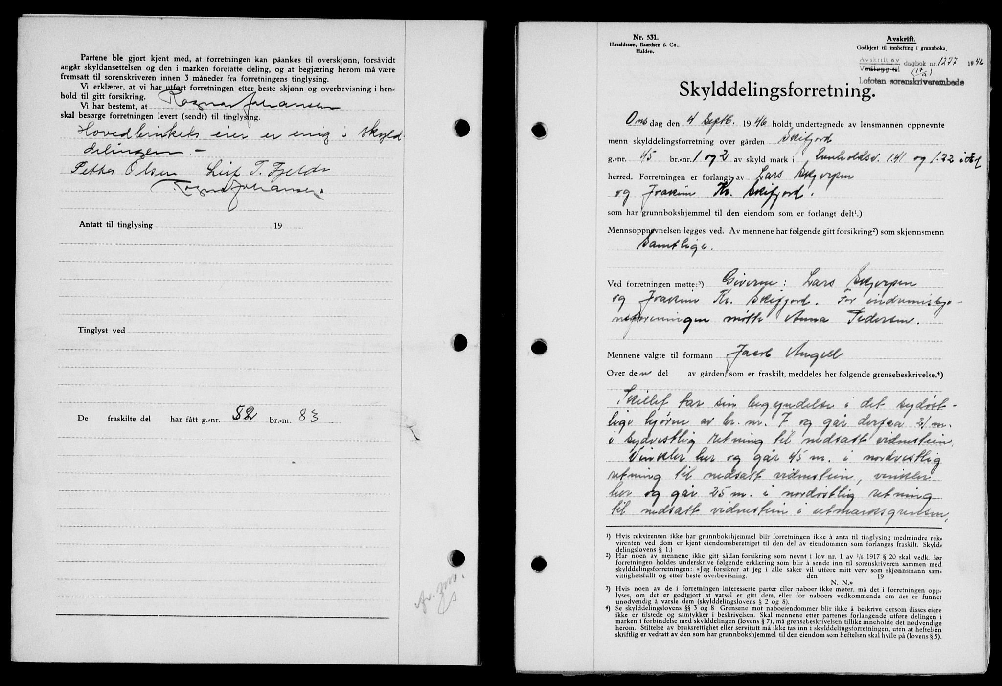 Lofoten sorenskriveri, SAT/A-0017/1/2/2C/L0014a: Mortgage book no. 14a, 1946-1946, Diary no: : 1277/1946