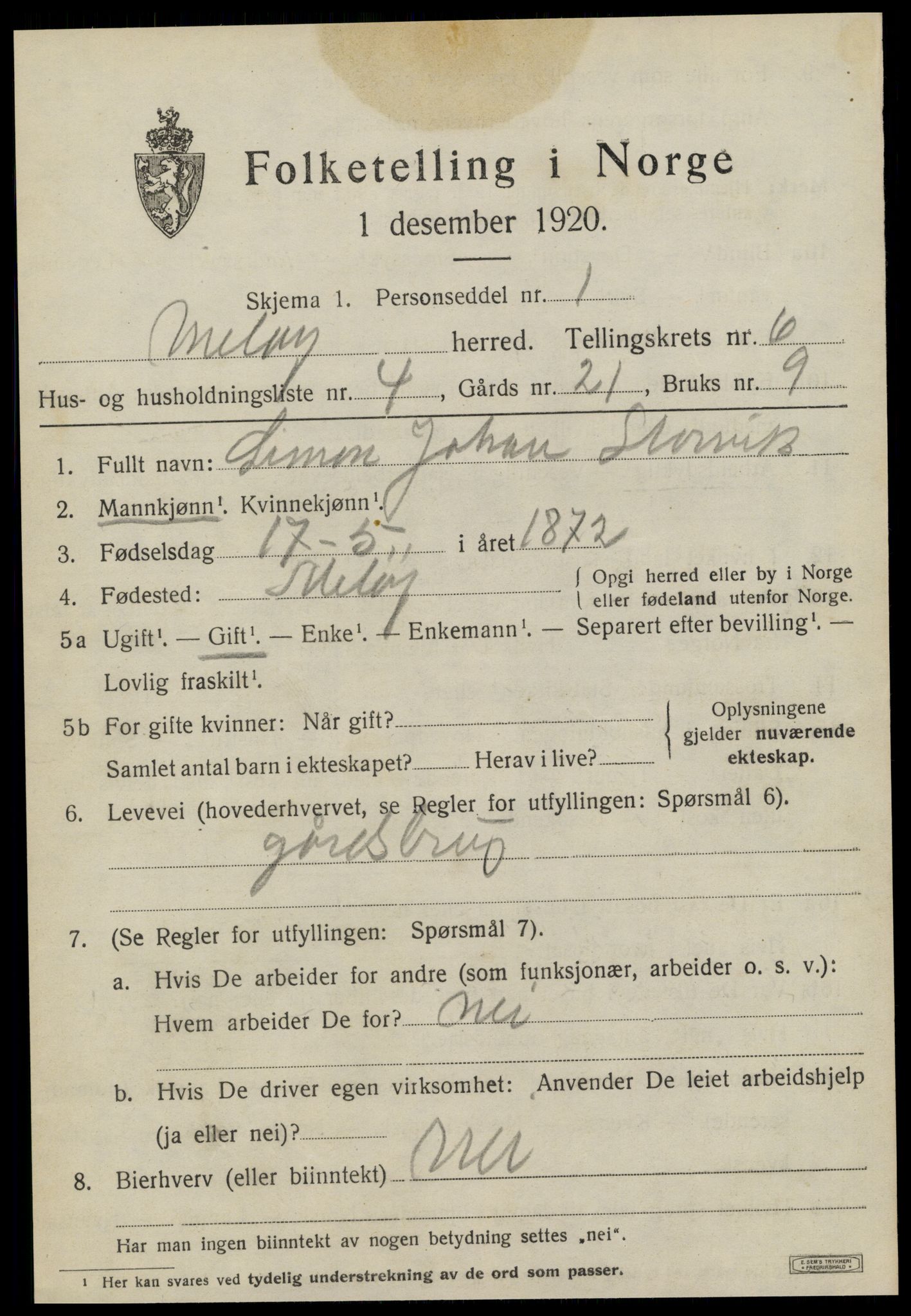 SAT, 1920 census for Meløy, 1920, p. 3435