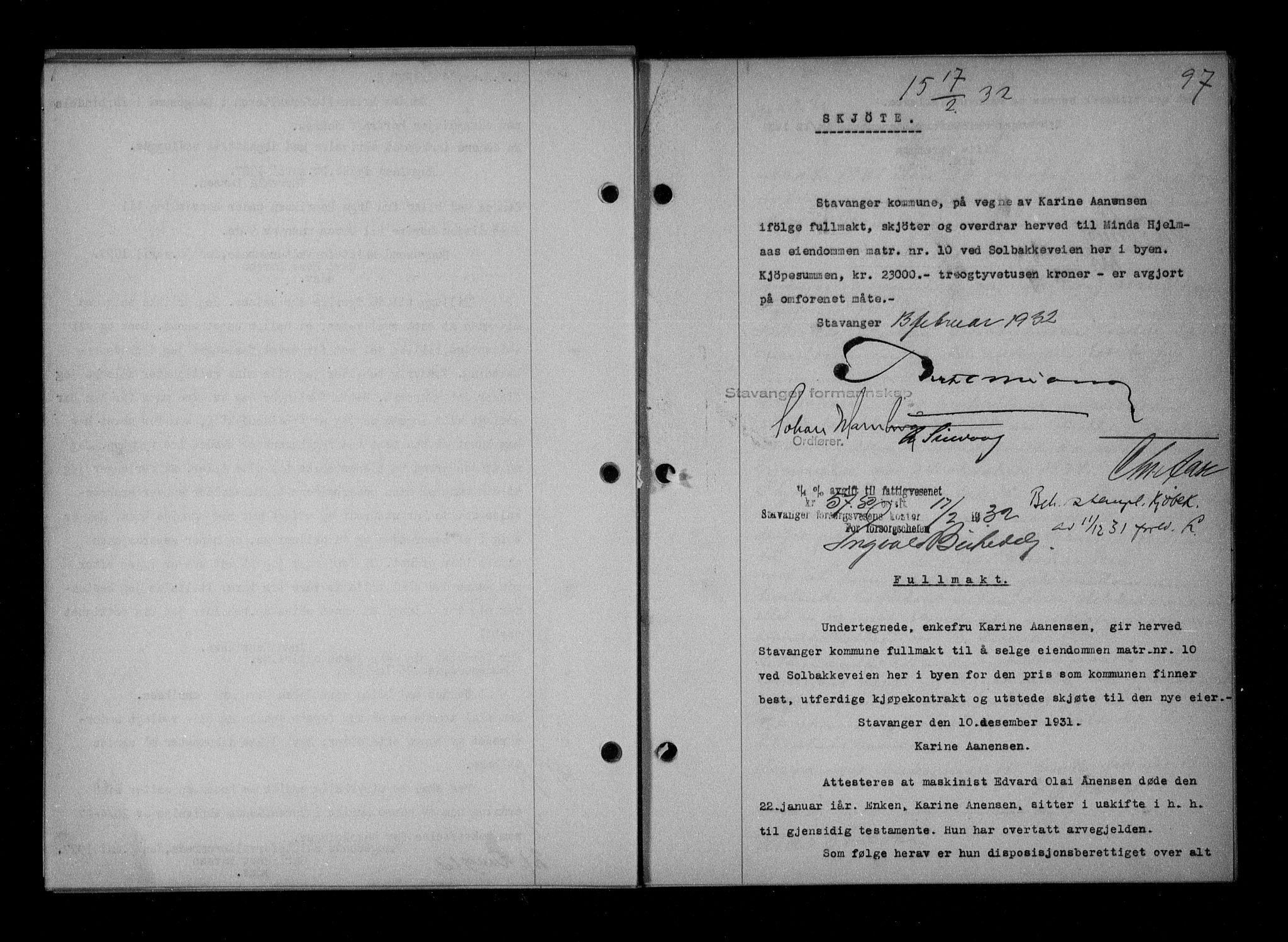 Stavanger byfogd, SAST/A-101408/001/4/41/410/410BB/L0061: Mortgage book no. 51, 1932-1932, Deed date: 17.02.1932