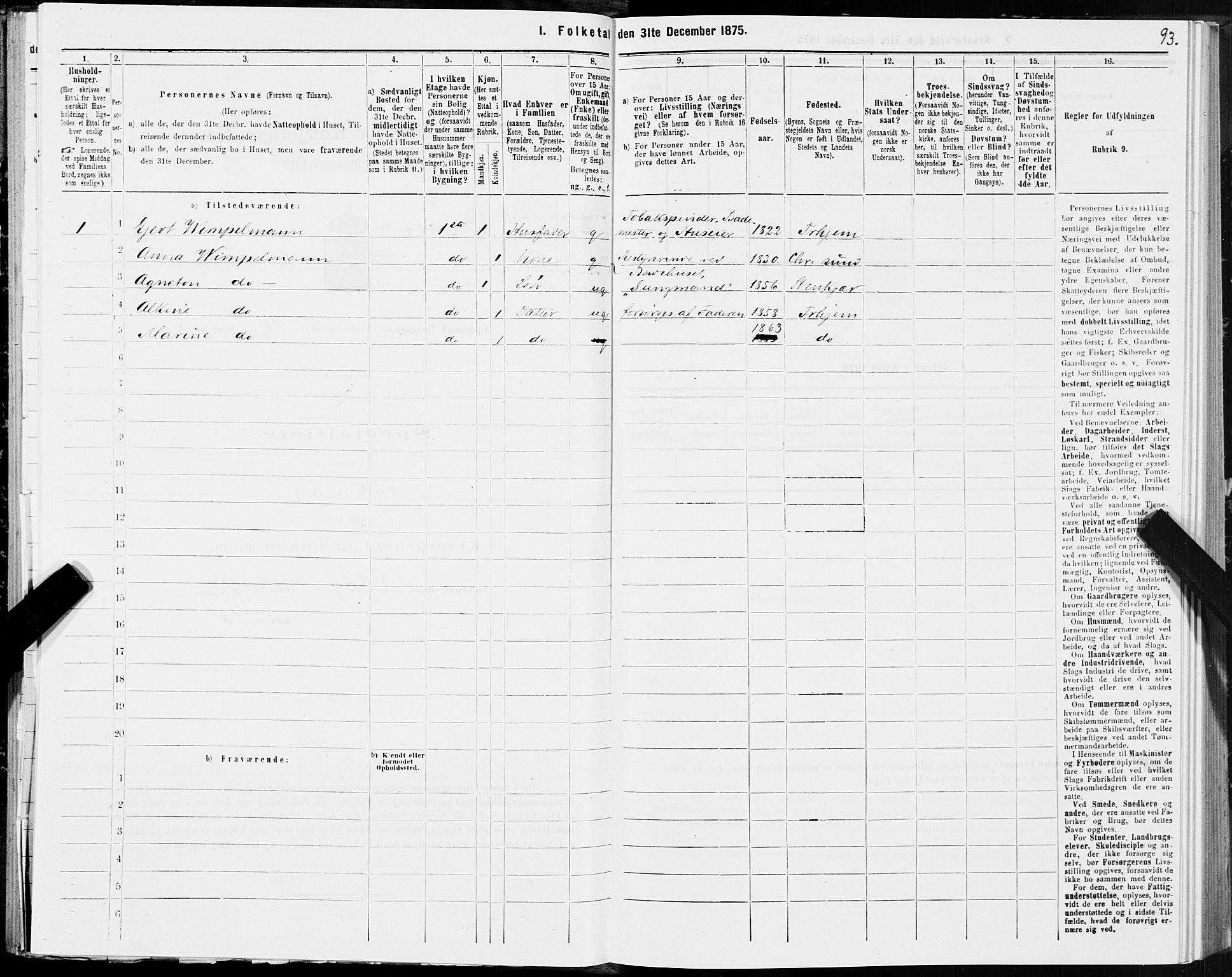 SAT, 1875 census for 1601 Trondheim, 1875, p. 6093