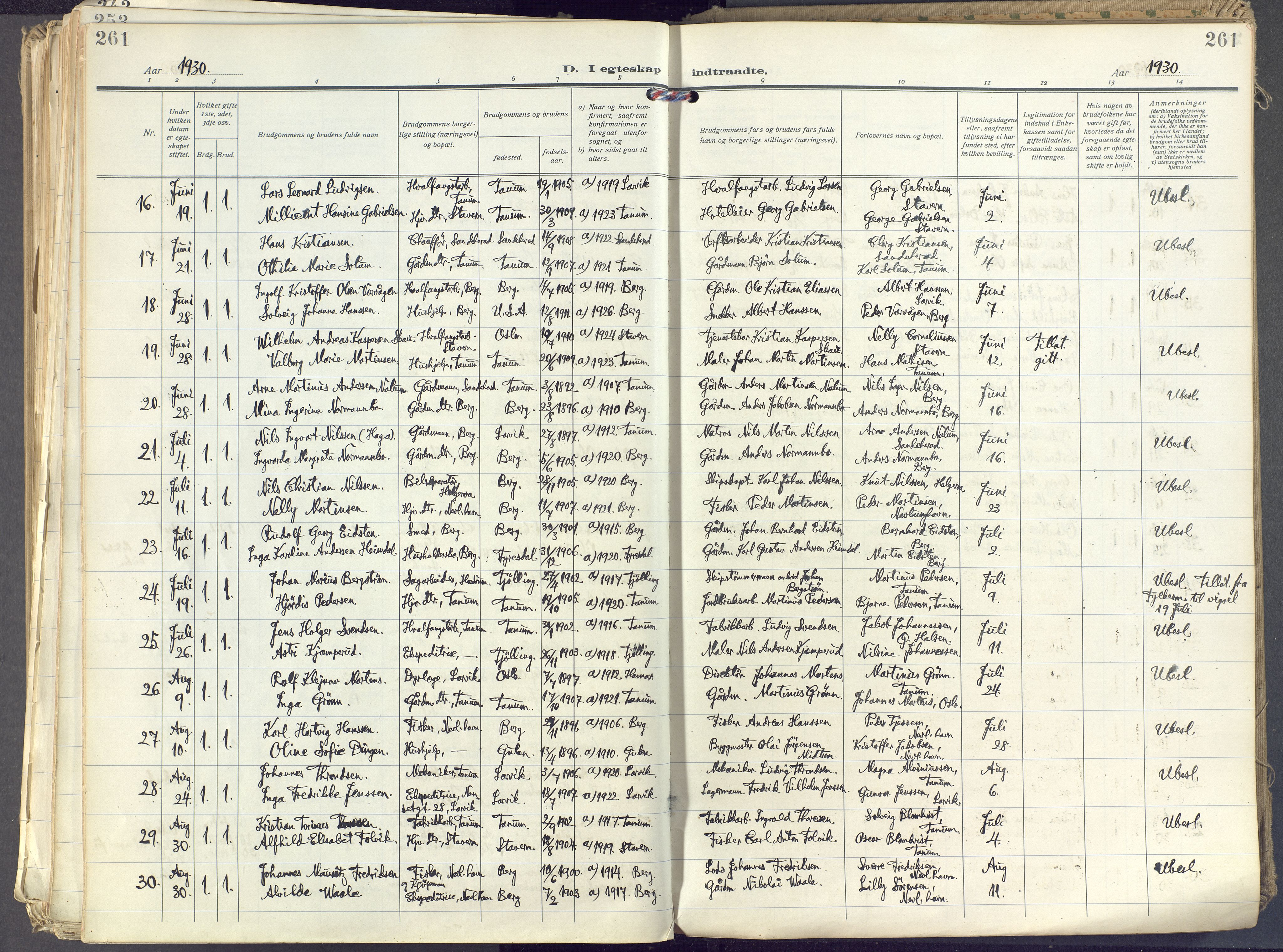 Brunlanes kirkebøker, AV/SAKO-A-342/F/Fc/L0004: Parish register (official) no. III 4, 1923-1943, p. 261