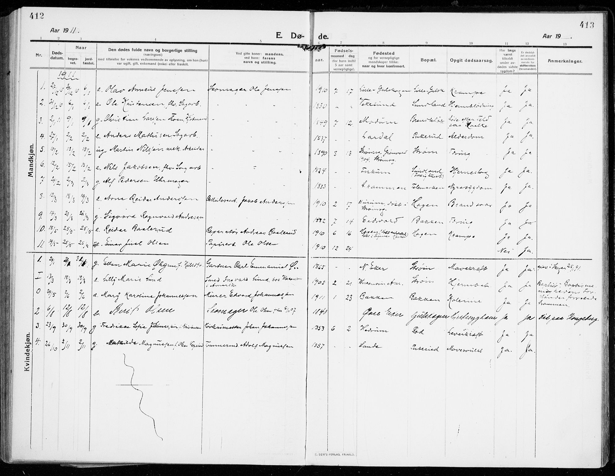 Strømsgodset kirkebøker, SAKO/A-324/F/Fa/L0002: Parish register (official) no. 2, 1910-1920, p. 412-413