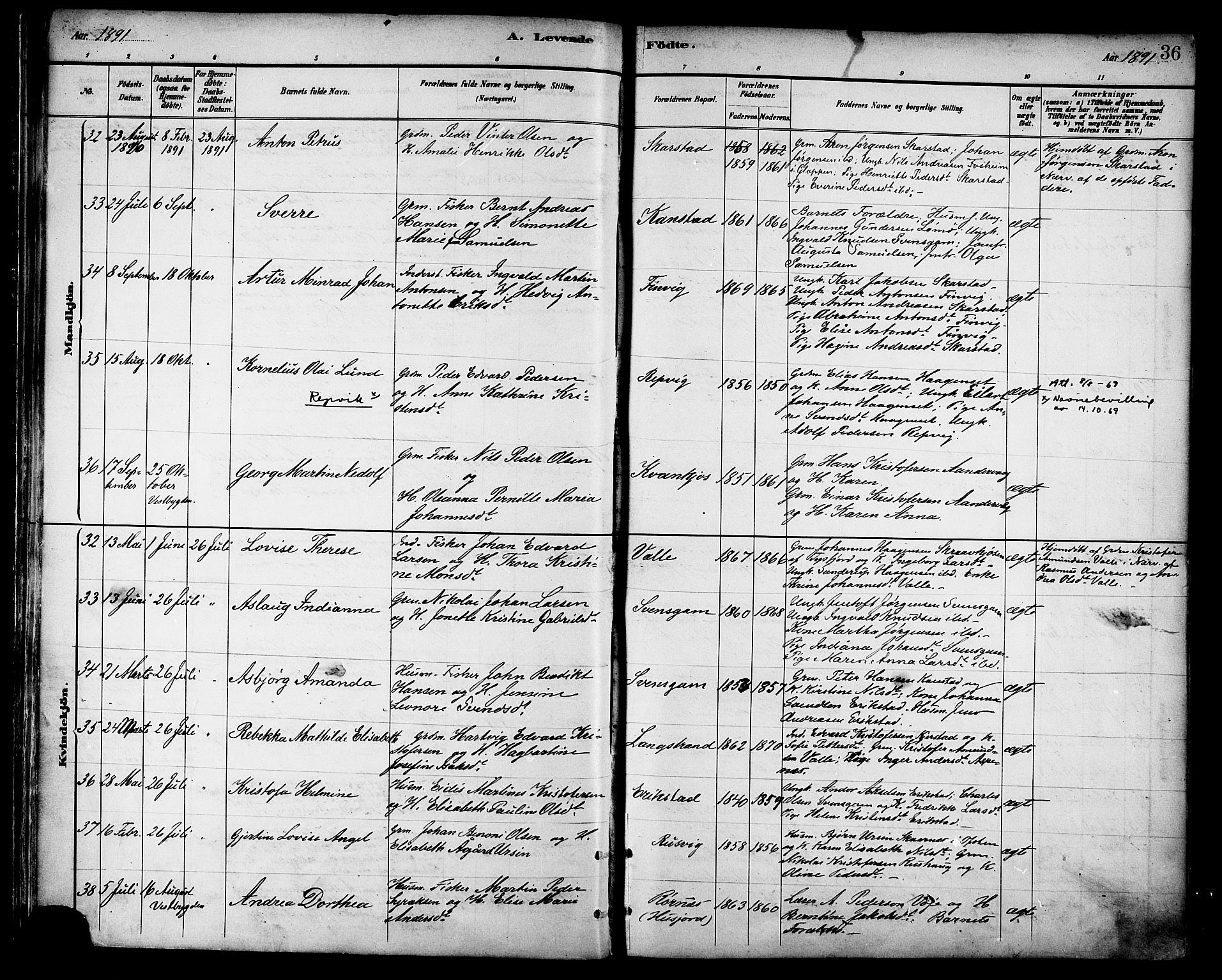 Ministerialprotokoller, klokkerbøker og fødselsregistre - Nordland, AV/SAT-A-1459/872/L1035: Parish register (official) no. 872A10, 1884-1896, p. 36