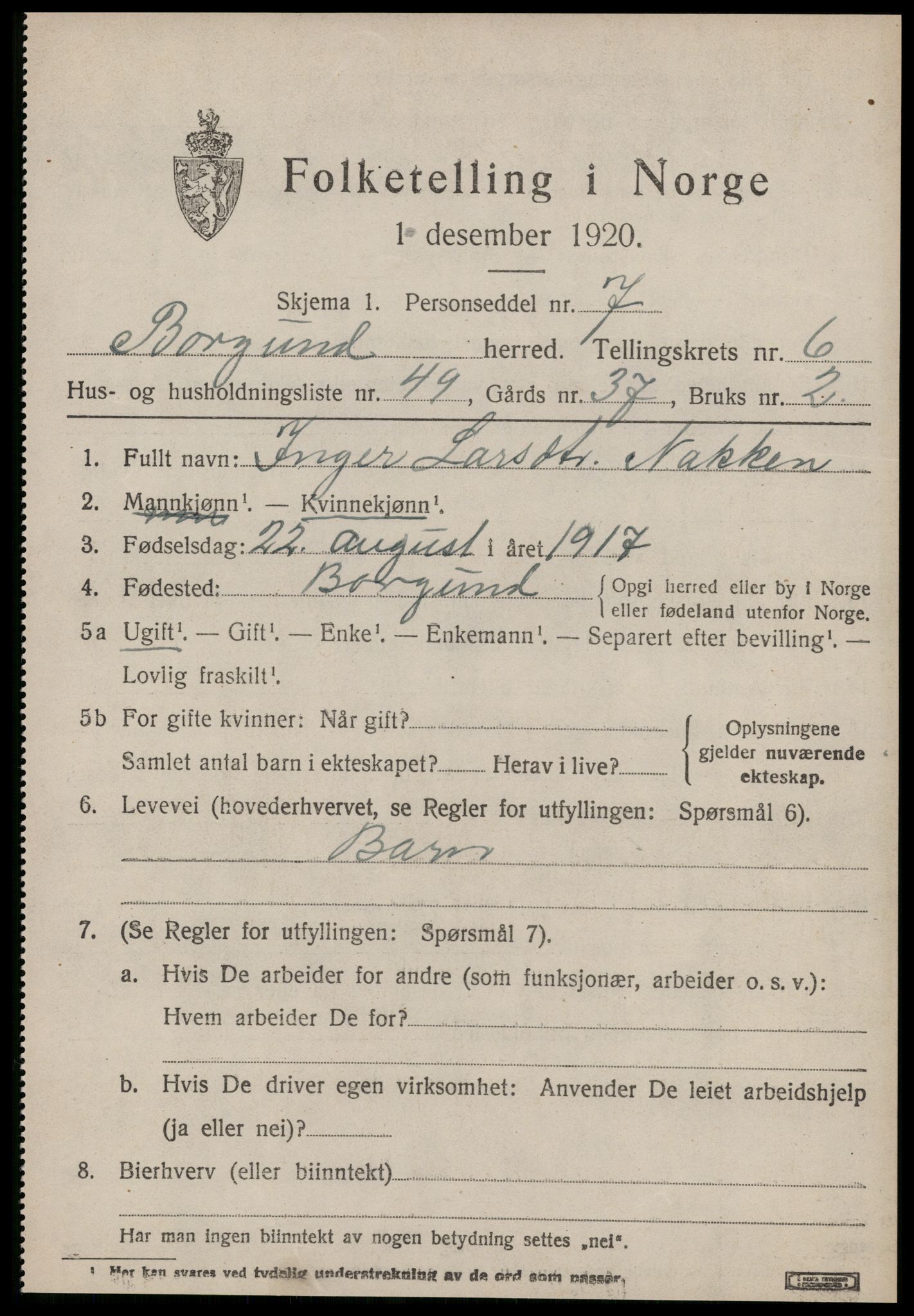 SAT, 1920 census for Borgund, 1920, p. 5784