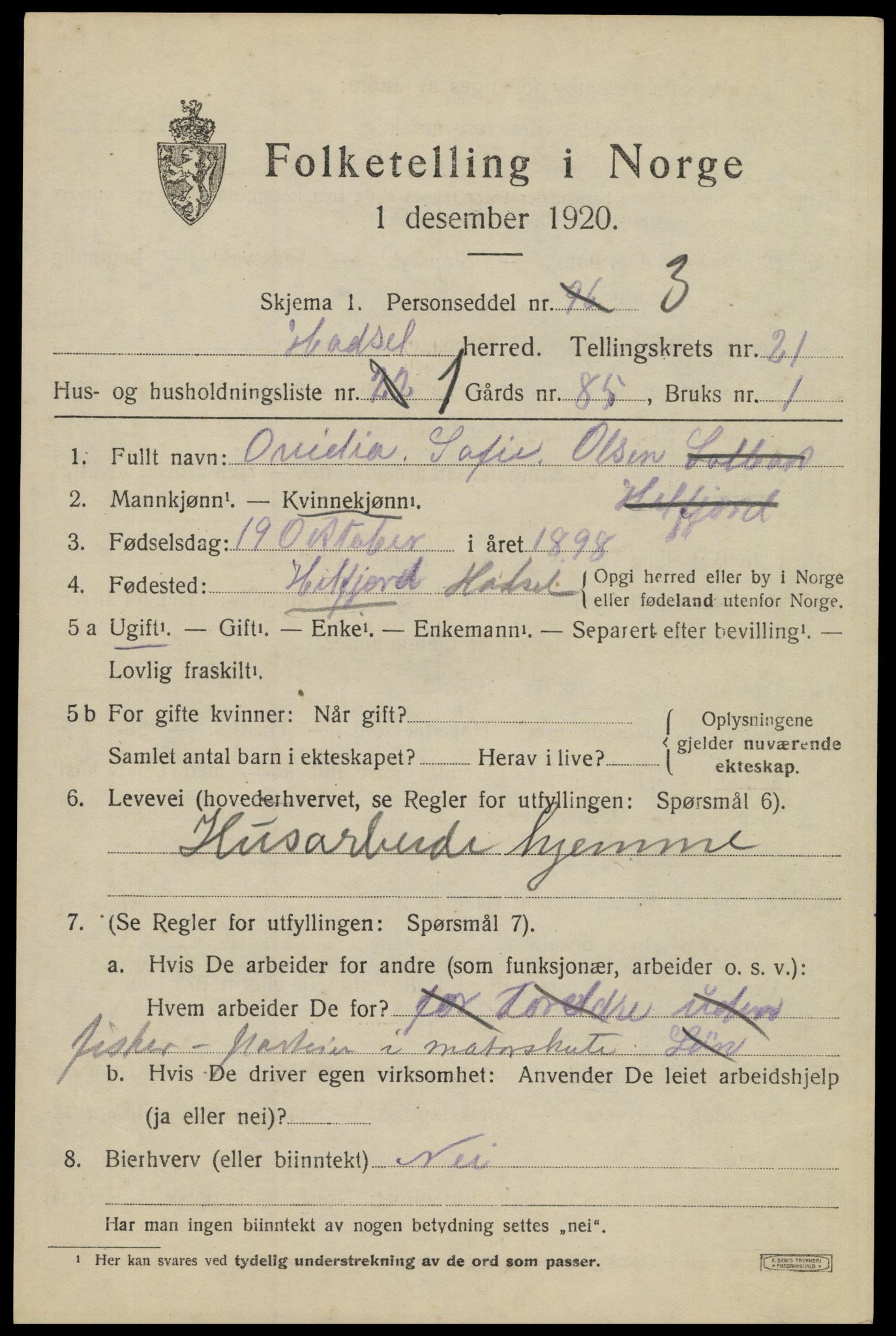 SAT, 1920 census for Hadsel, 1920, p. 19456