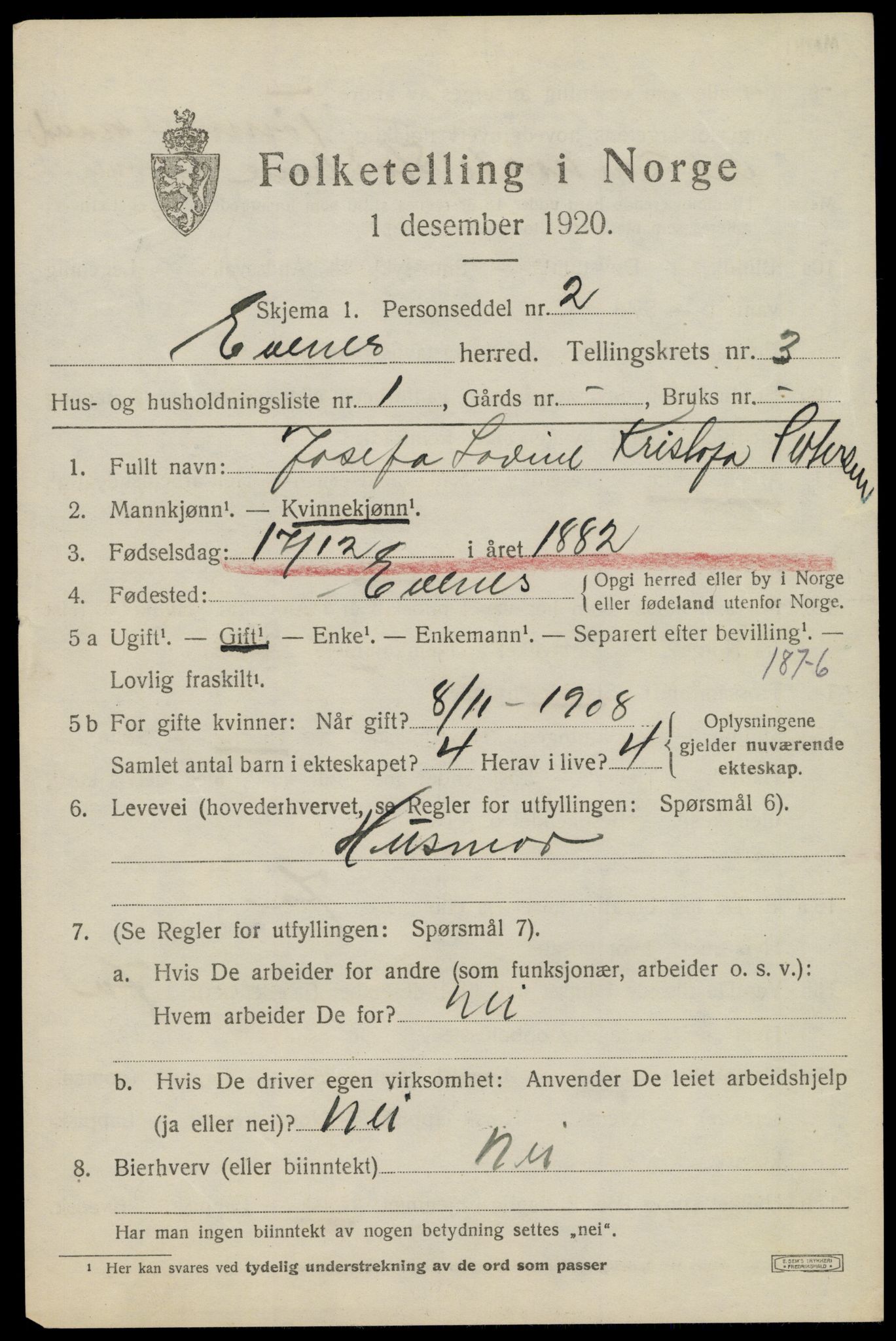 SAT, 1920 census for Evenes, 1920, p. 2954