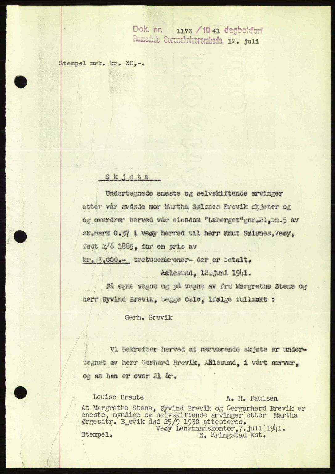 Romsdal sorenskriveri, AV/SAT-A-4149/1/2/2C: Mortgage book no. A10, 1941-1941, Diary no: : 1173/1941