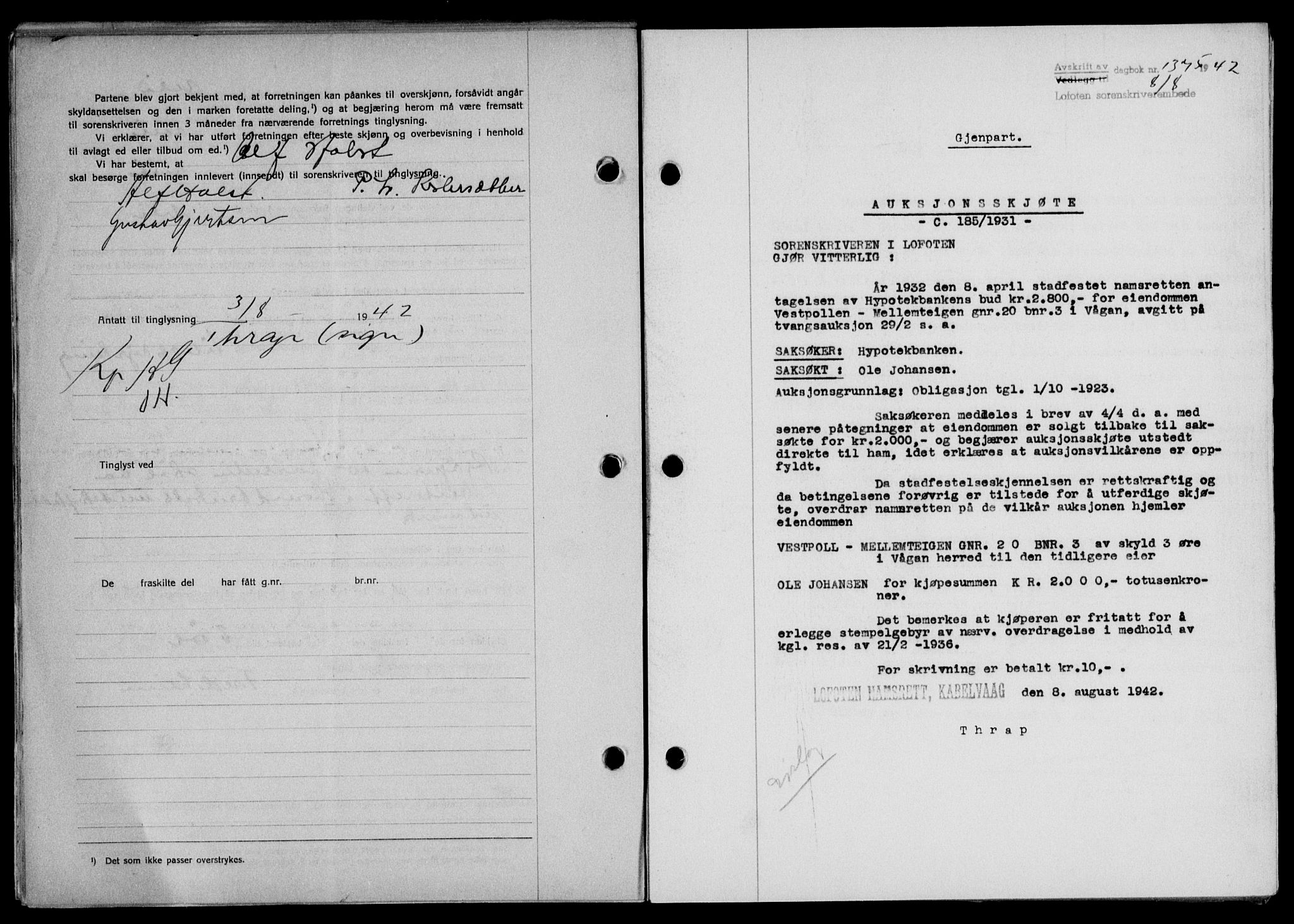 Lofoten sorenskriveri, SAT/A-0017/1/2/2C/L0010a: Mortgage book no. 10a, 1942-1943, Diary no: : 1375/1942