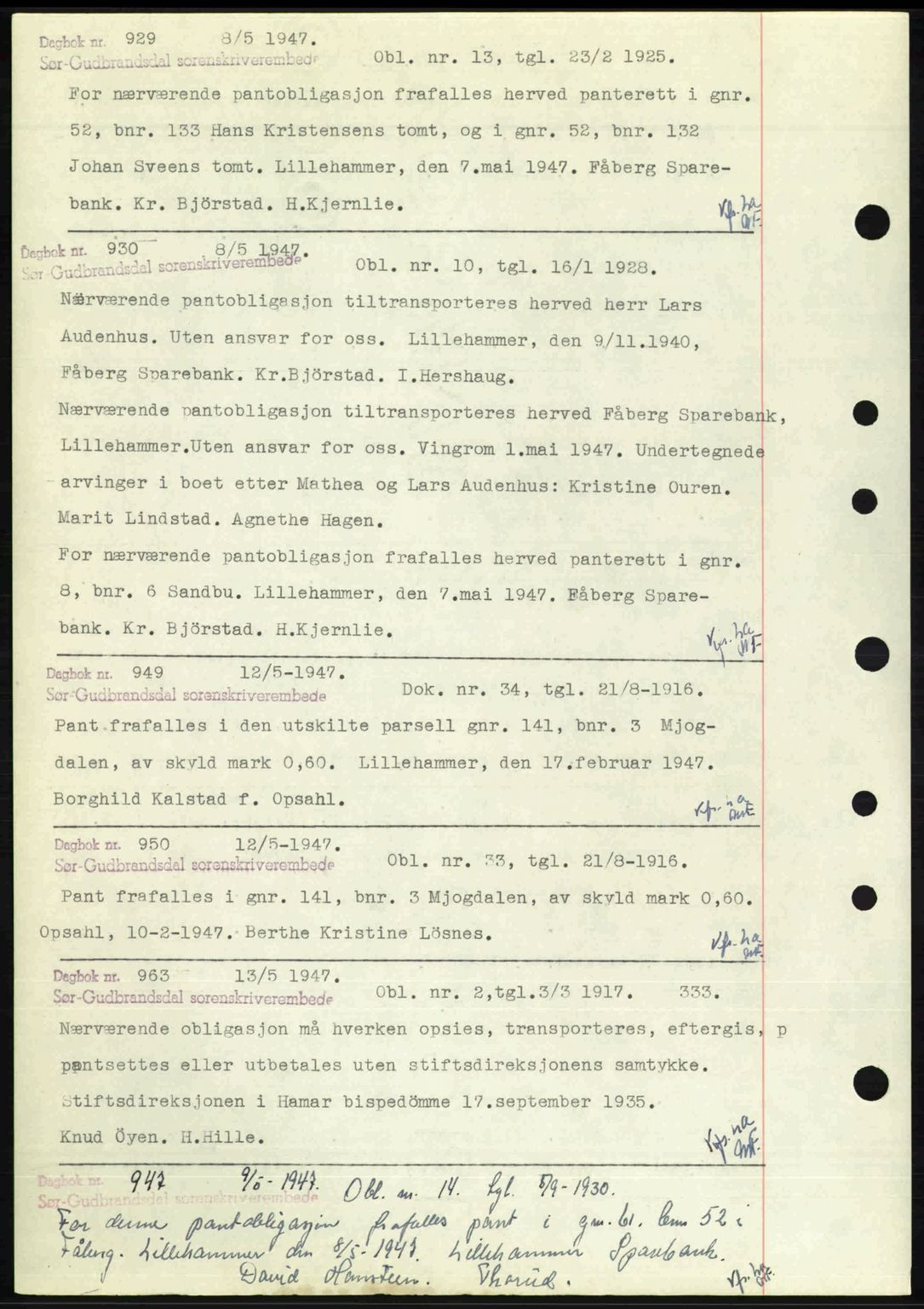 Sør-Gudbrandsdal tingrett, SAH/TING-004/H/Hb/Hbf/L0004: Mortgage book no. C5b, 1945-1951, Diary no: : 929/1947