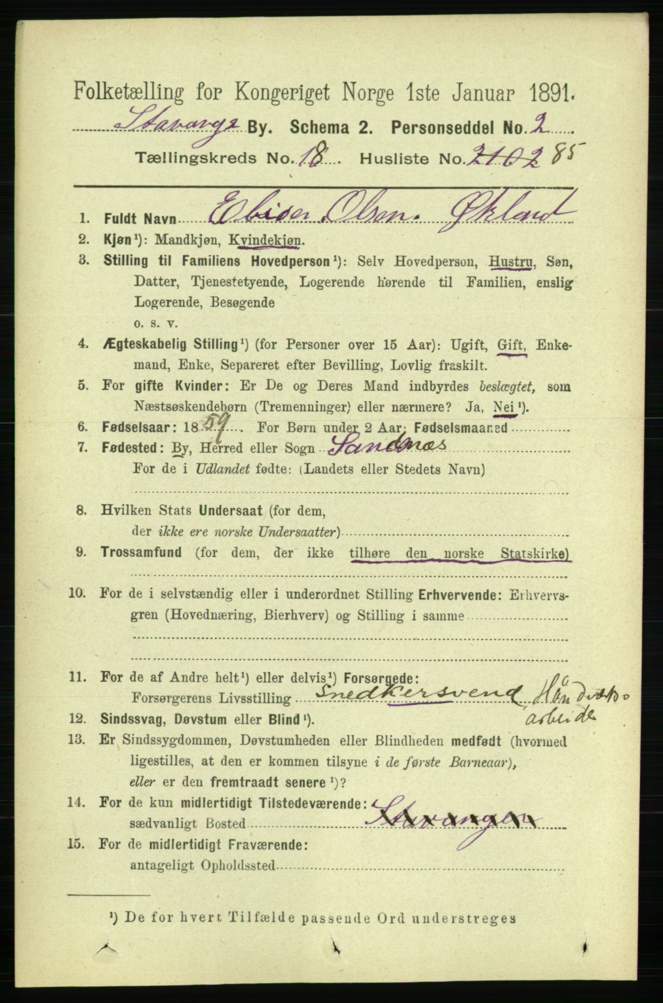 RA, 1891 census for 1103 Stavanger, 1891, p. 22419