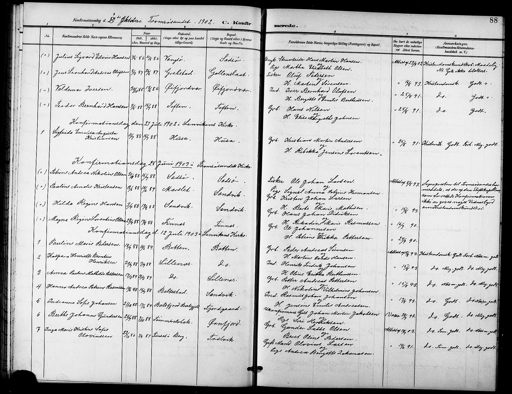 Lenvik sokneprestembete, SATØ/S-1310/H/Ha/Hab/L0022klokker: Parish register (copy) no. 22, 1901-1918, p. 88