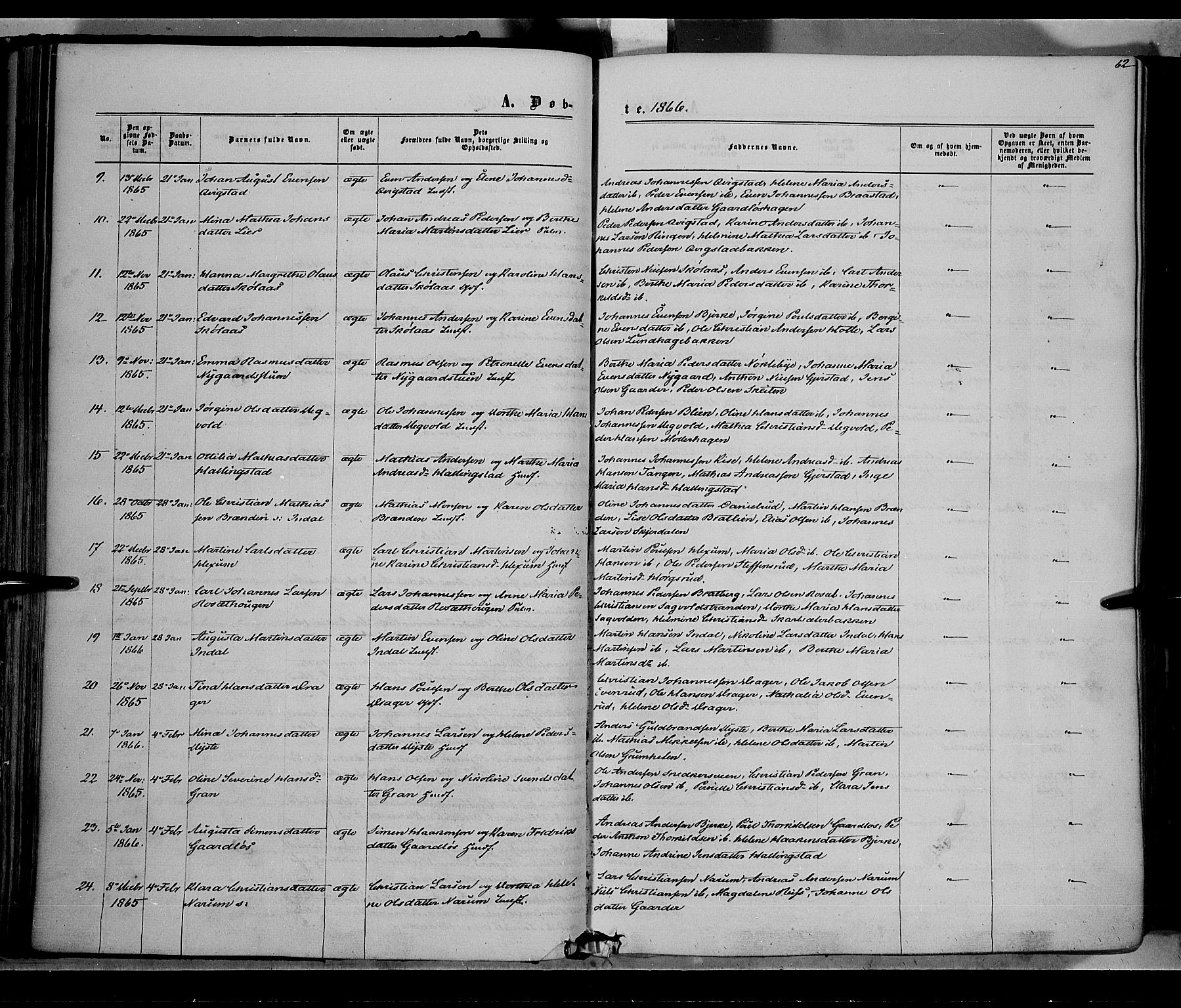 Vestre Toten prestekontor, SAH/PREST-108/H/Ha/Haa/L0007: Parish register (official) no. 7, 1862-1869, p. 62