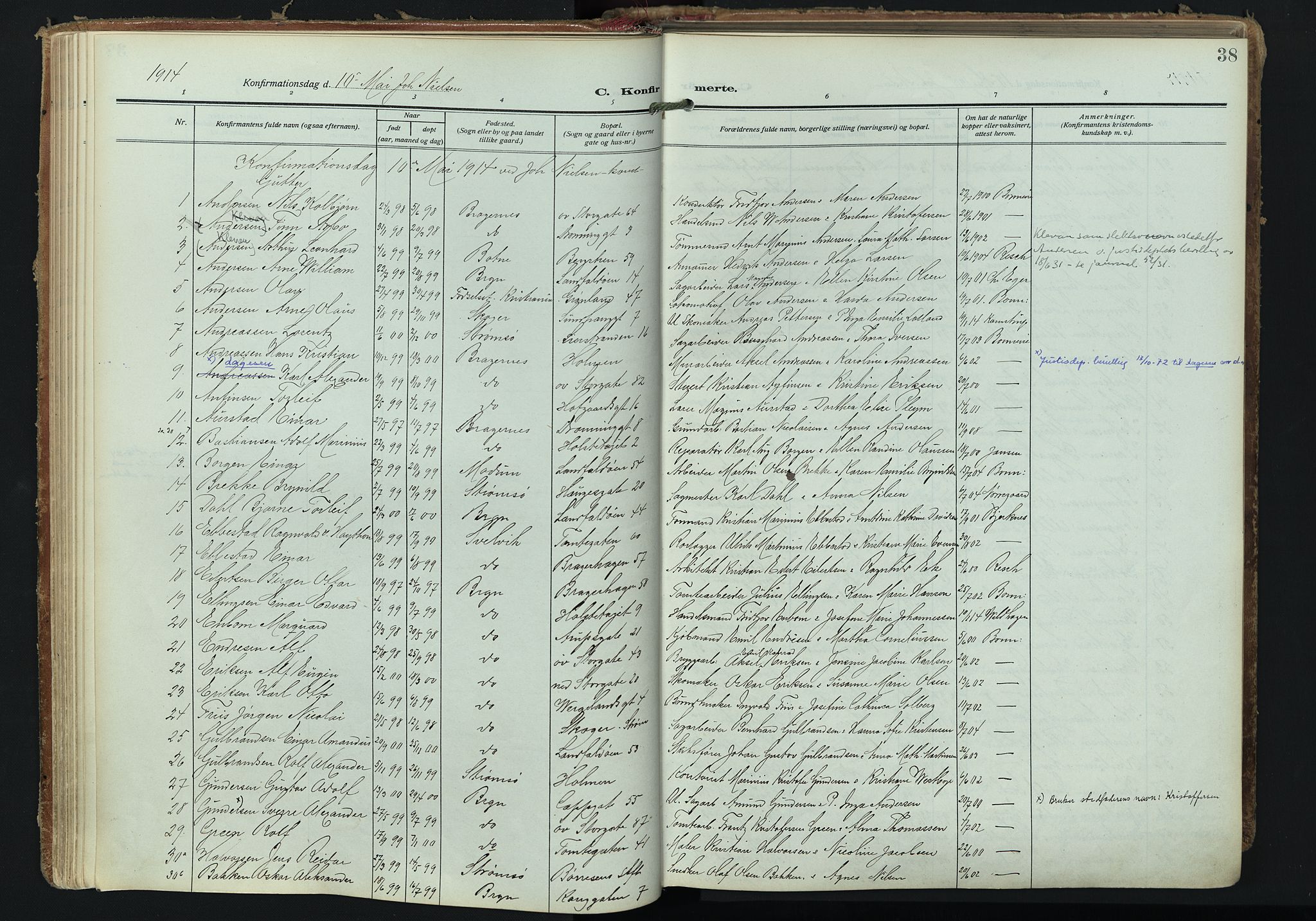 Bragernes kirkebøker, AV/SAKO-A-6/F/Fc/L0008: Parish register (official) no. III 8, 1909-1921, p. 38