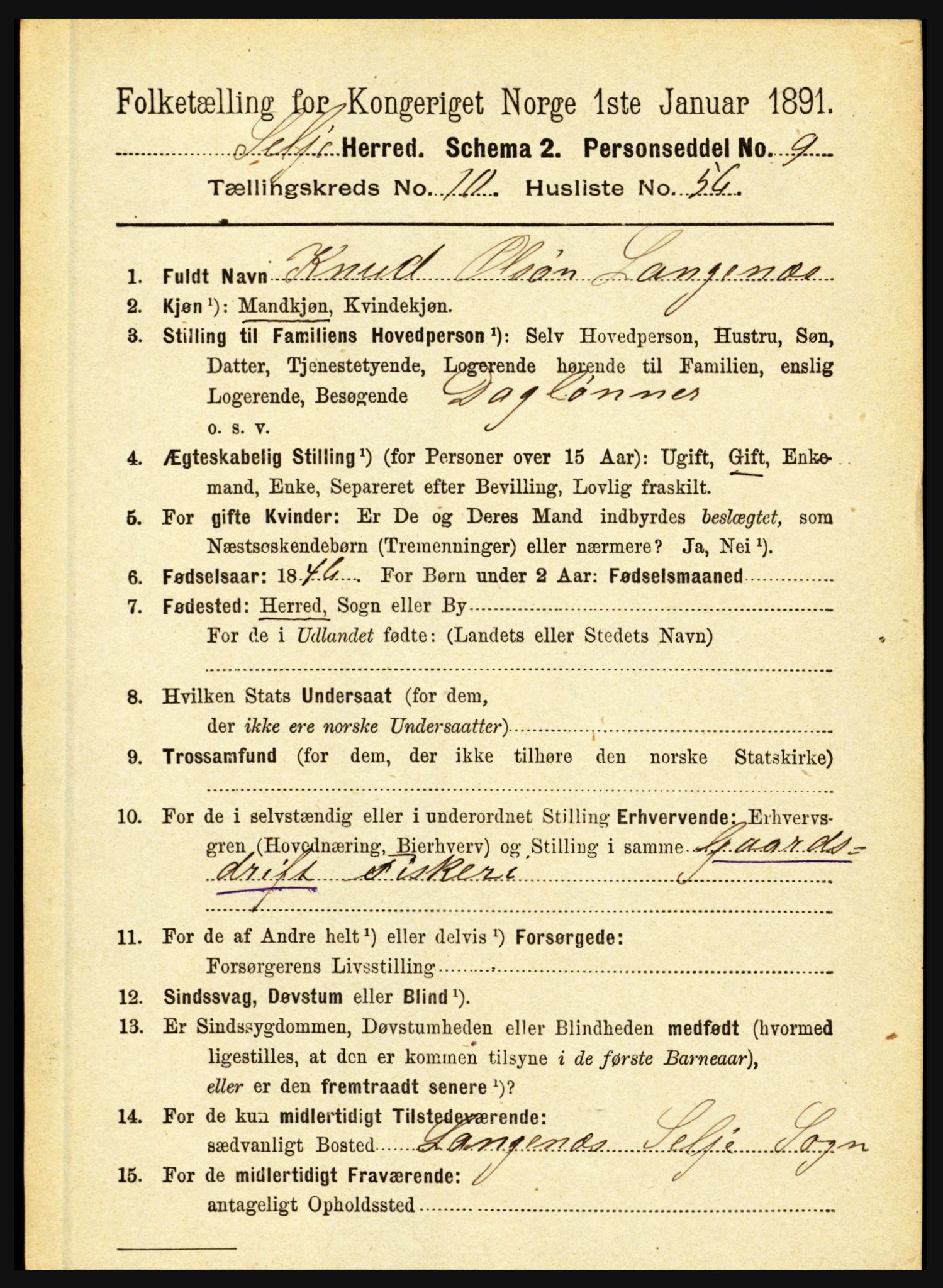 RA, 1891 census for 1441 Selje, 1891, p. 3371