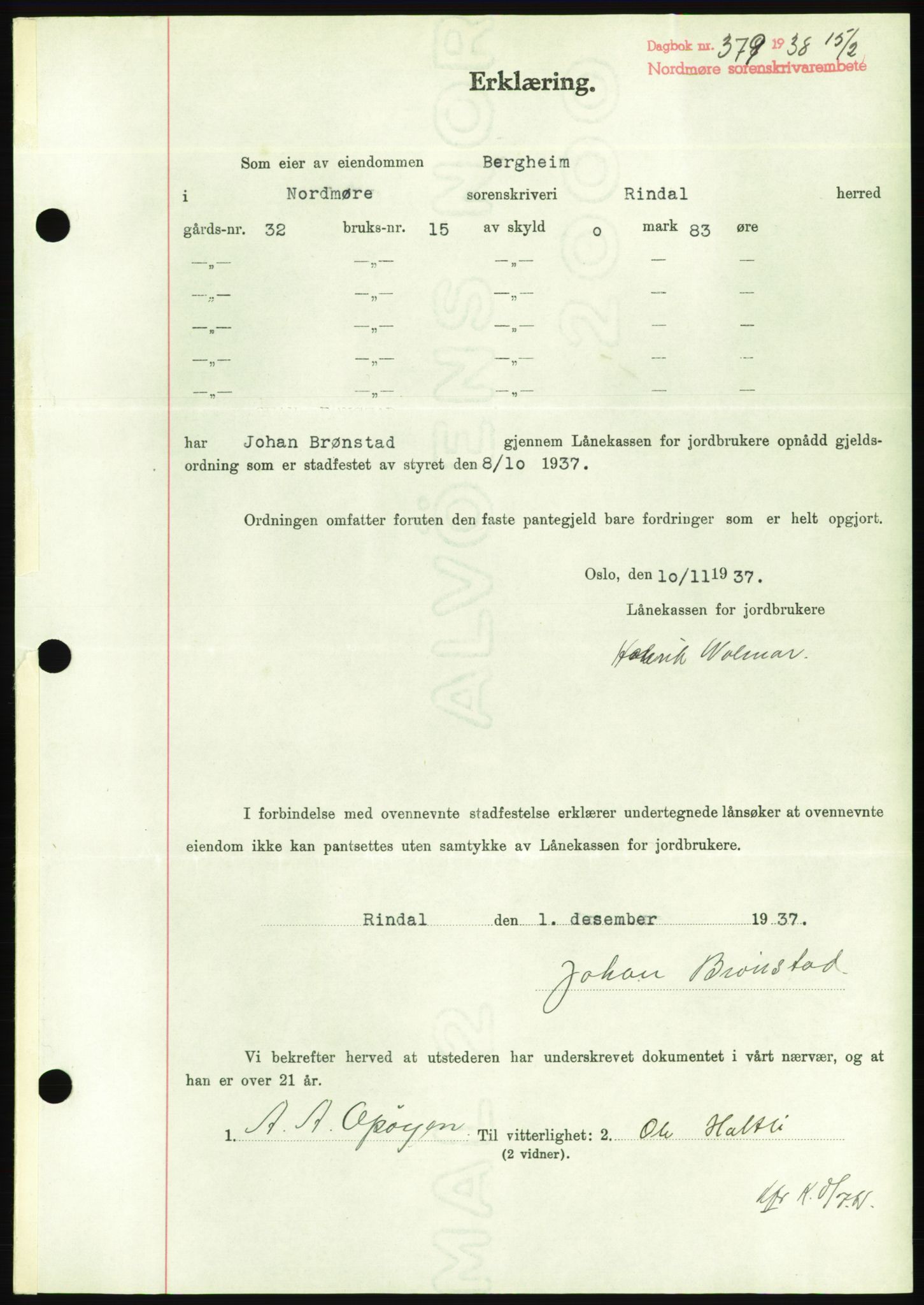 Nordmøre sorenskriveri, AV/SAT-A-4132/1/2/2Ca/L0092: Mortgage book no. B82, 1937-1938, Diary no: : 379/1938