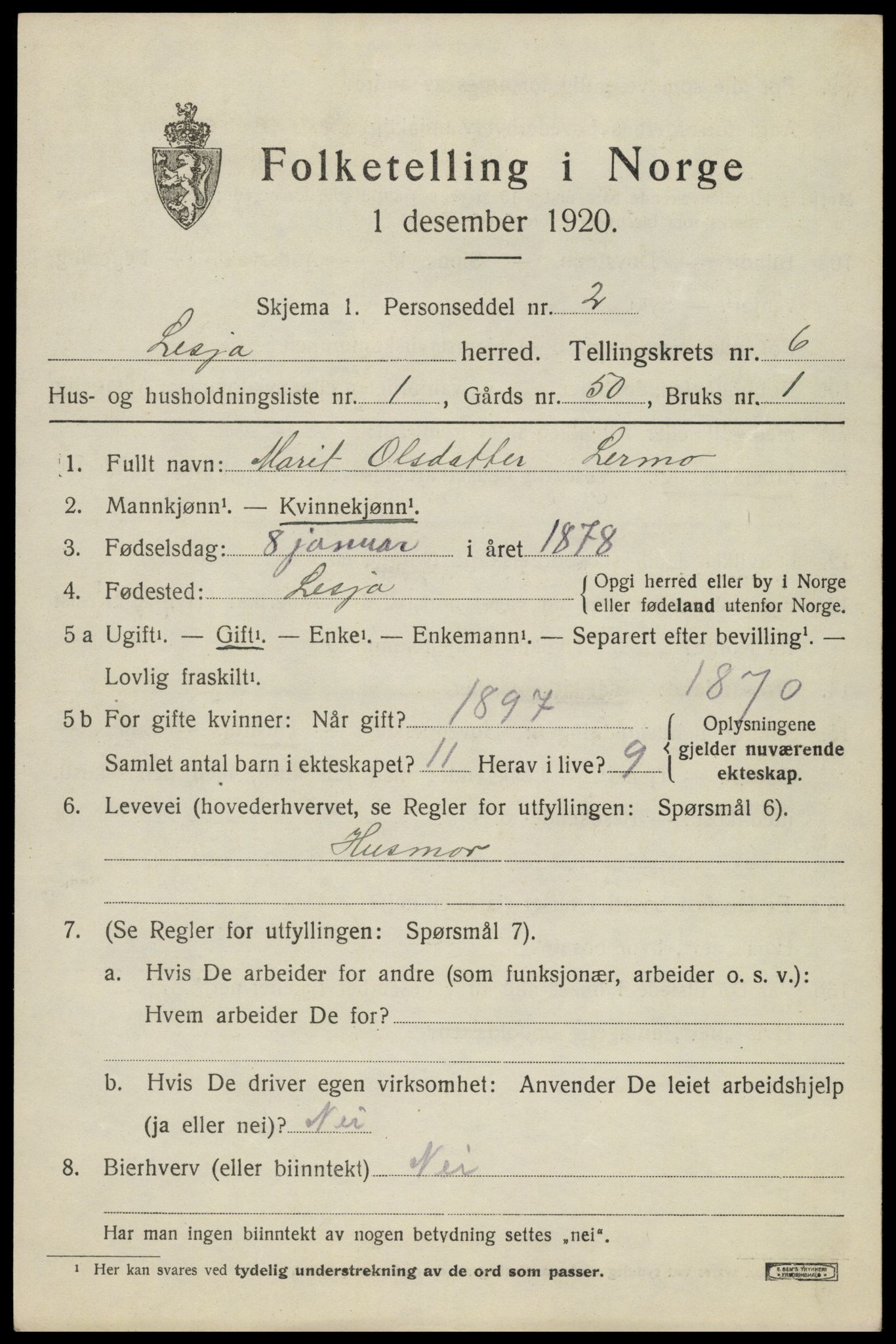 SAH, 1920 census for Lesja, 1920, p. 3132