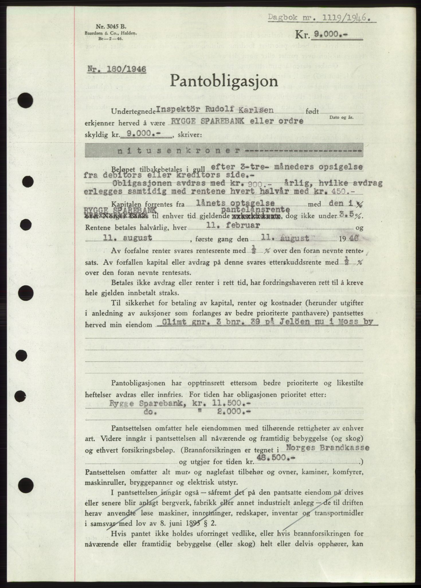 Moss sorenskriveri, AV/SAO-A-10168: Mortgage book no. B15, 1946-1946, Diary no: : 1119/1946