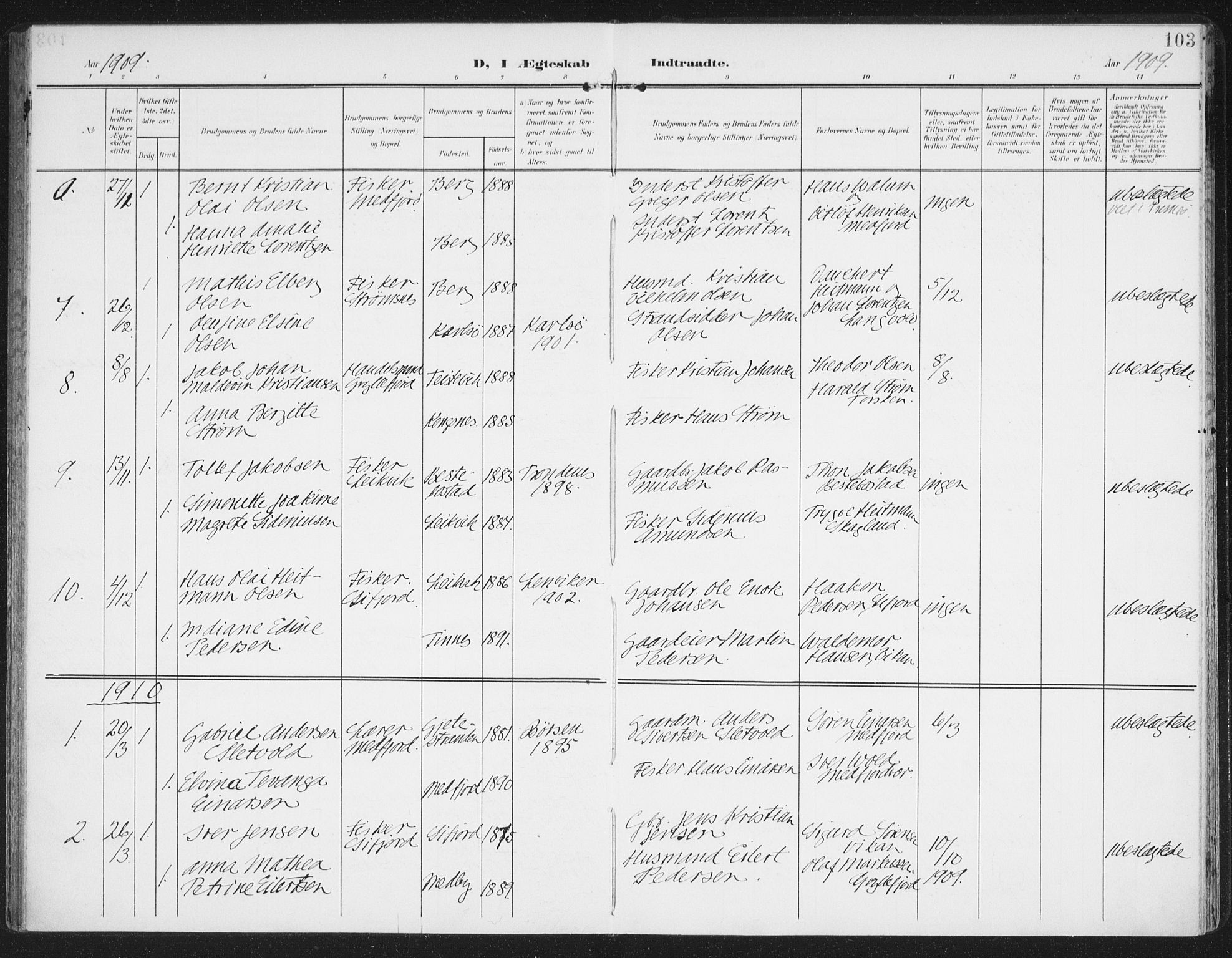 Berg sokneprestkontor, AV/SATØ-S-1318/G/Ga/Gaa/L0007kirke: Parish register (official) no. 7, 1906-1915, p. 103