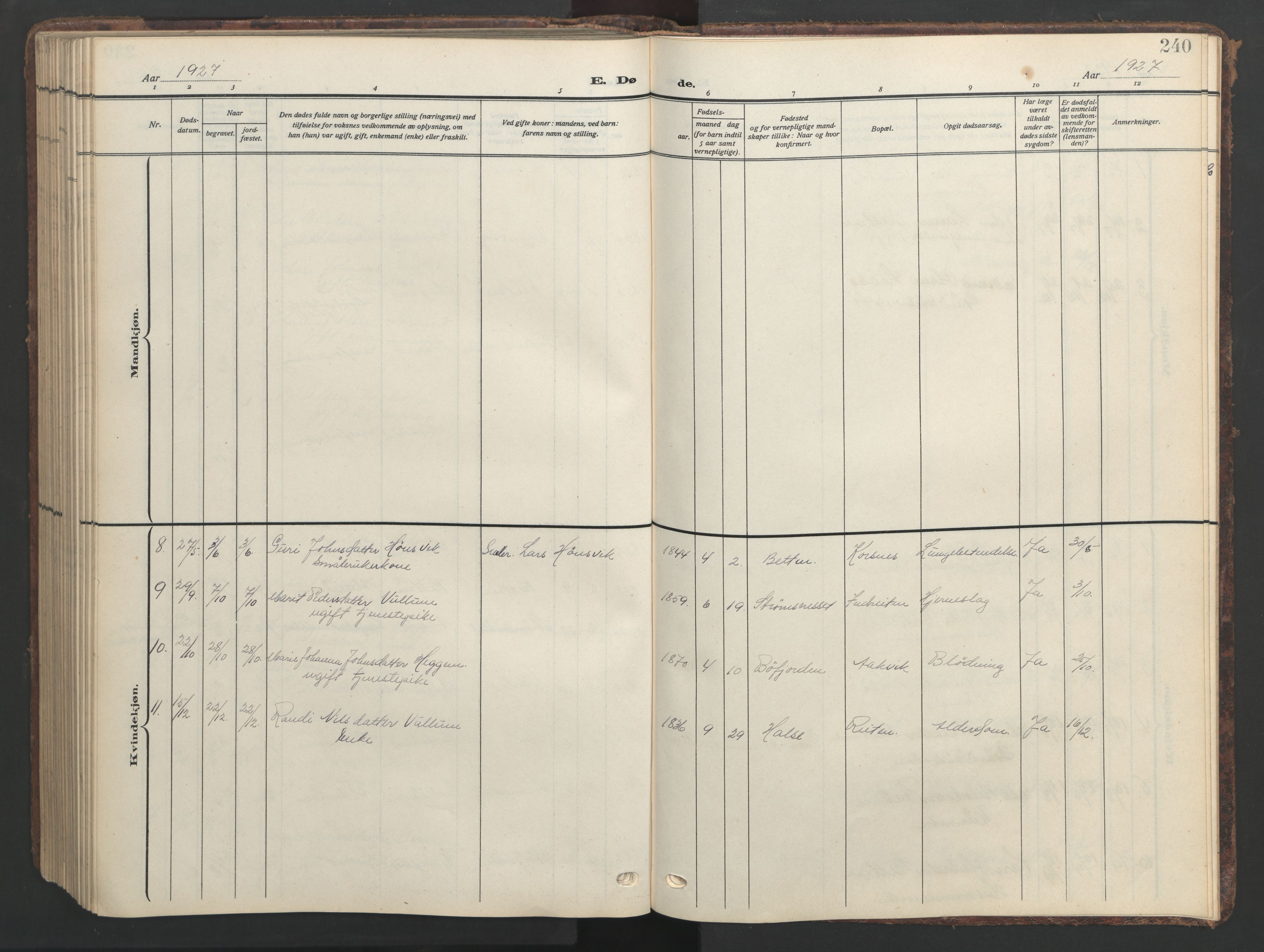 Ministerialprotokoller, klokkerbøker og fødselsregistre - Møre og Romsdal, SAT/A-1454/576/L0891: Parish register (copy) no. 576C02, 1909-1946, p. 240