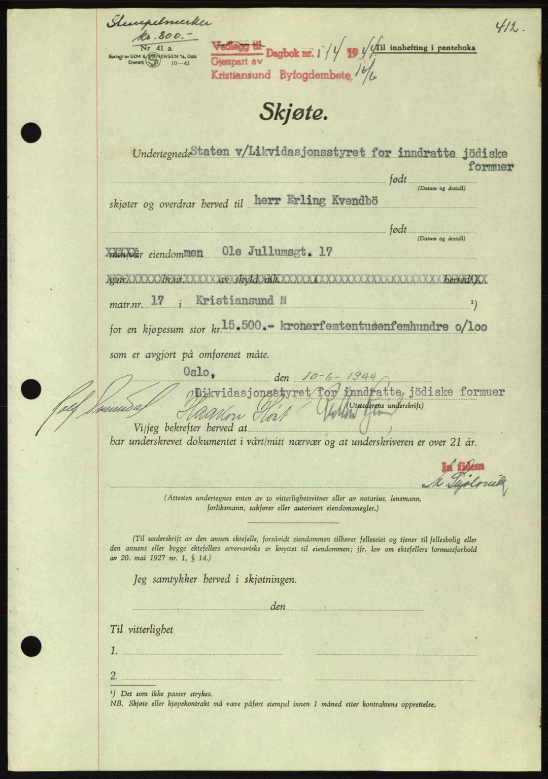 Kristiansund byfogd, AV/SAT-A-4587/A/27: Mortgage book no. 34, 1941-1945, Diary no: : 514/1944
