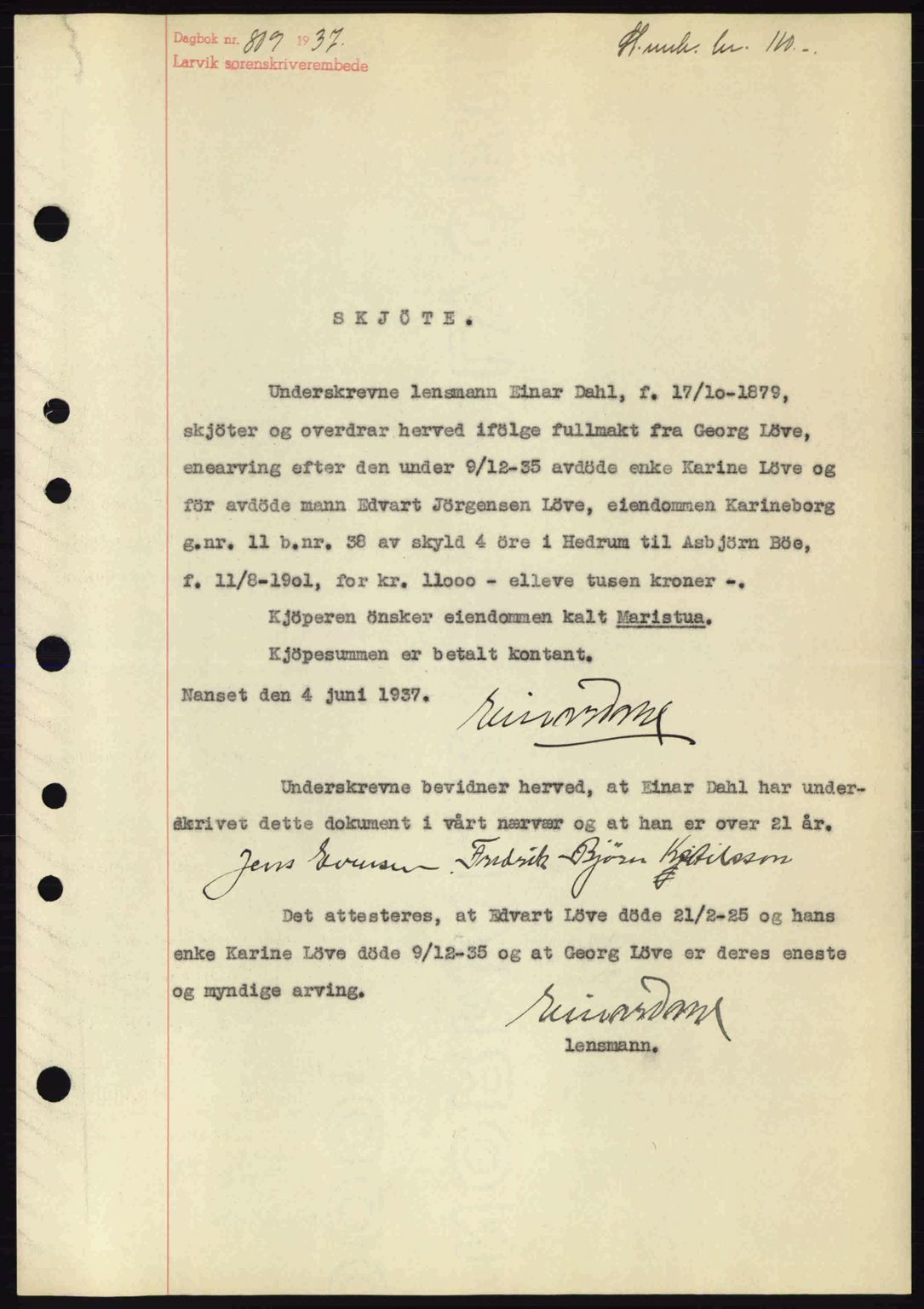 Larvik sorenskriveri, SAKO/A-83/G/Ga/Gab/L0067: Mortgage book no. A-1, 1936-1937, Diary no: : 809/1937