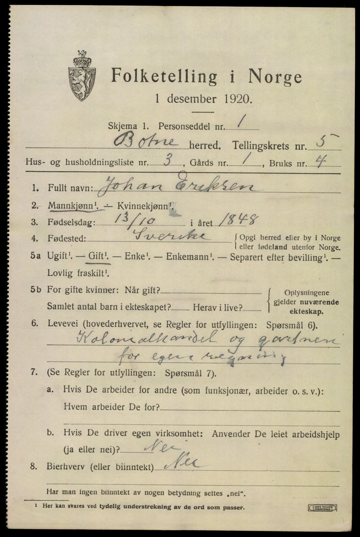 SAKO, 1920 census for Botne, 1920, p. 4253