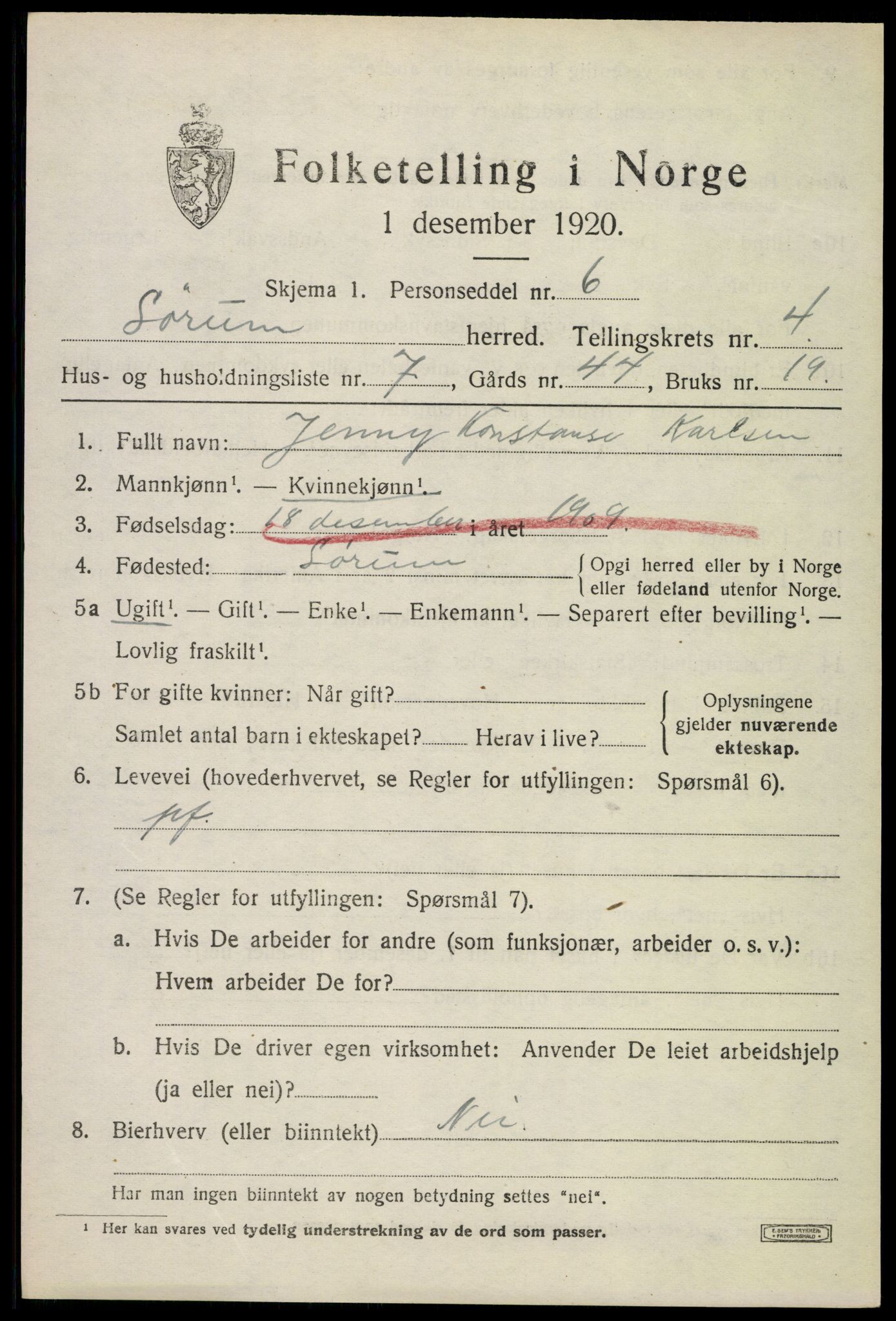 SAO, 1920 census for Sørum, 1920, p. 3489