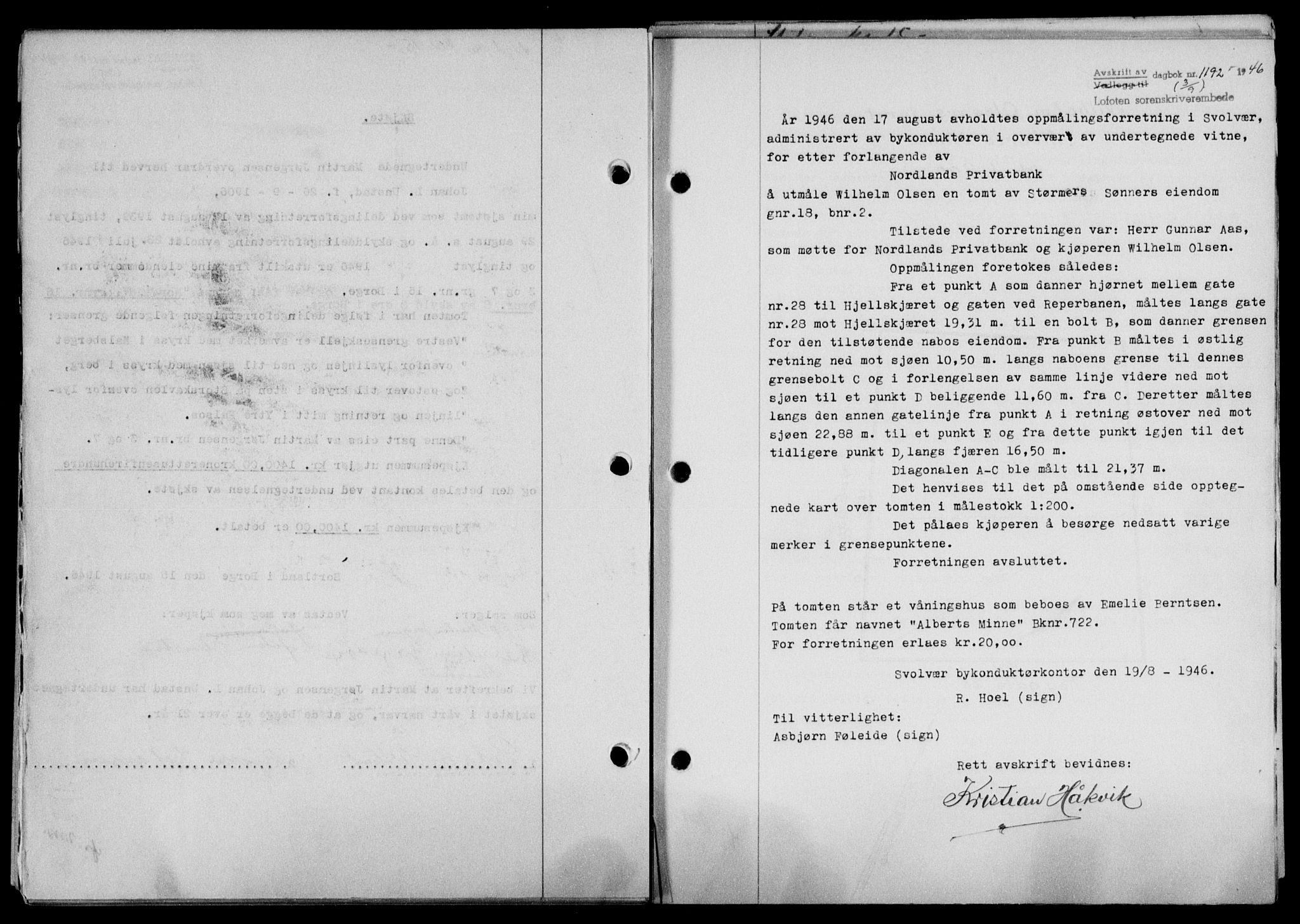 Lofoten sorenskriveri, SAT/A-0017/1/2/2C/L0014a: Mortgage book no. 14a, 1946-1946, Diary no: : 1192/1946