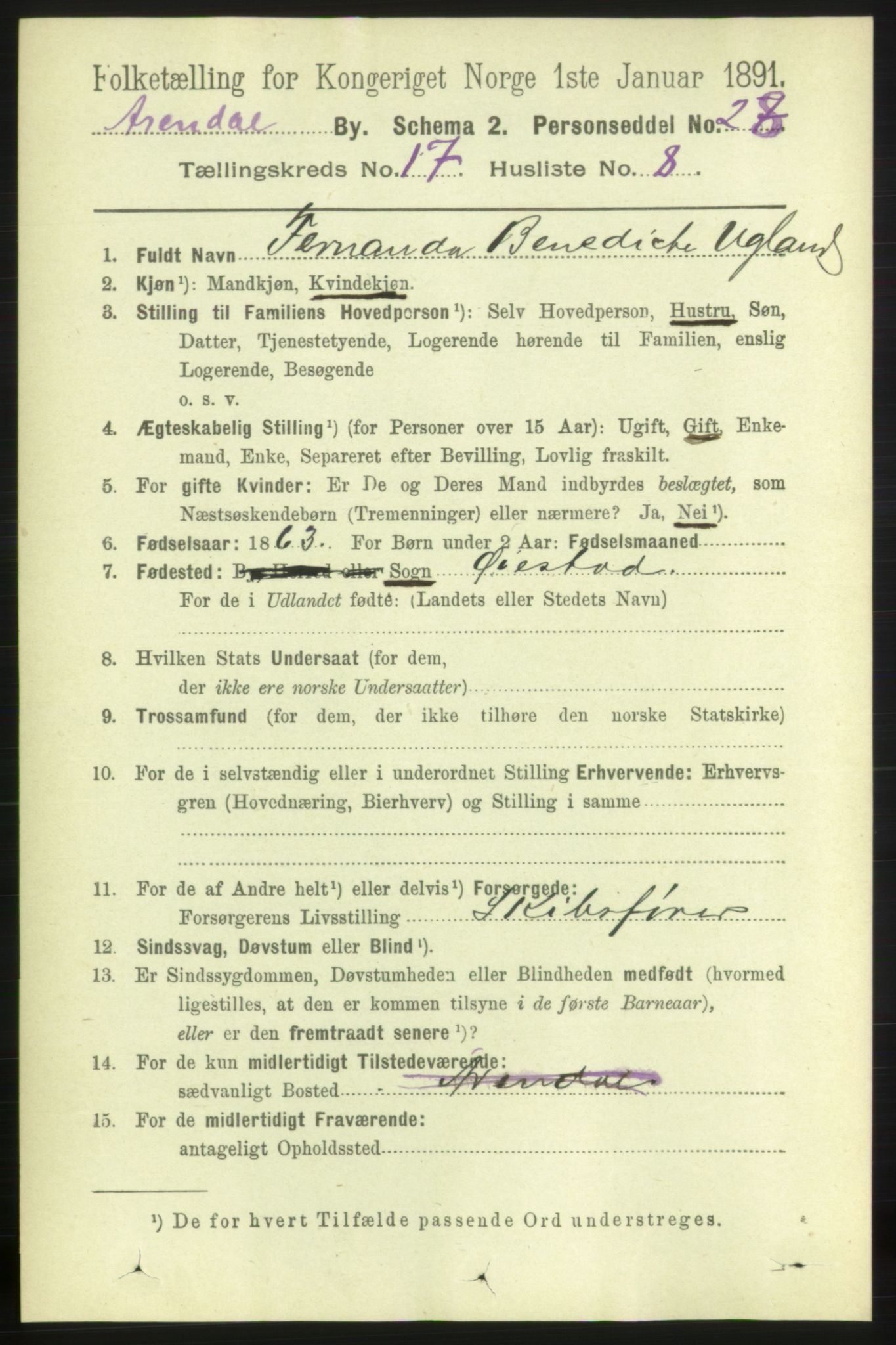 RA, 1891 census for 0903 Arendal, 1891, p. 5716