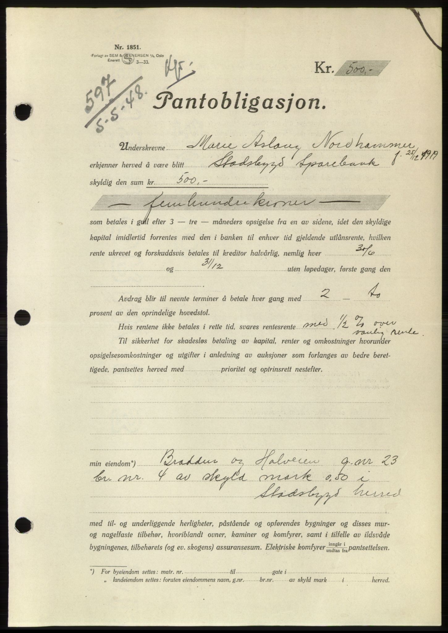 Fosen sorenskriveri, AV/SAT-A-1107/1/2/2C: Mortgage book no. B, 1948-1950, Diary no: : 597/1948