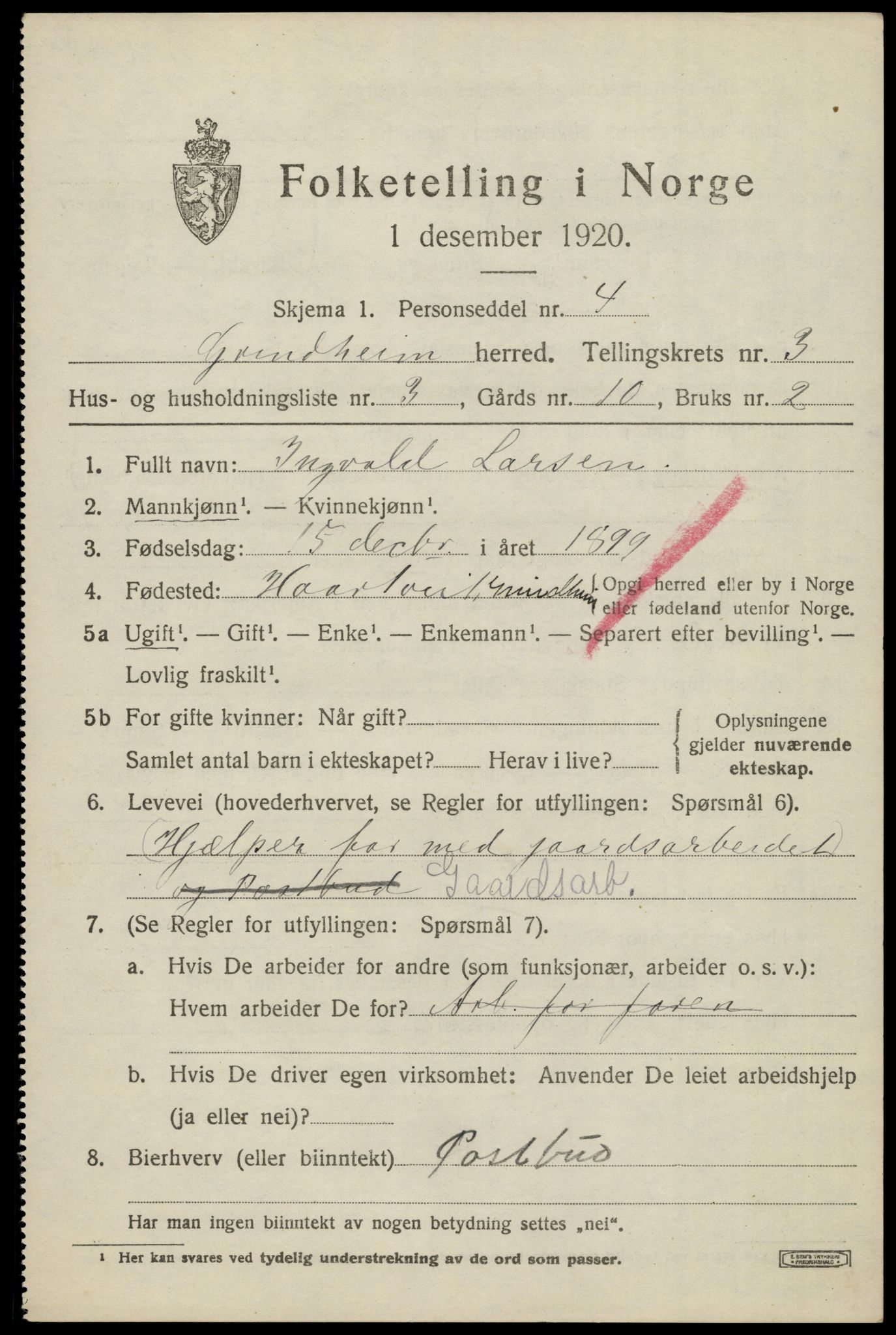 SAK, 1920 census for Grindheim, 1920, p. 917