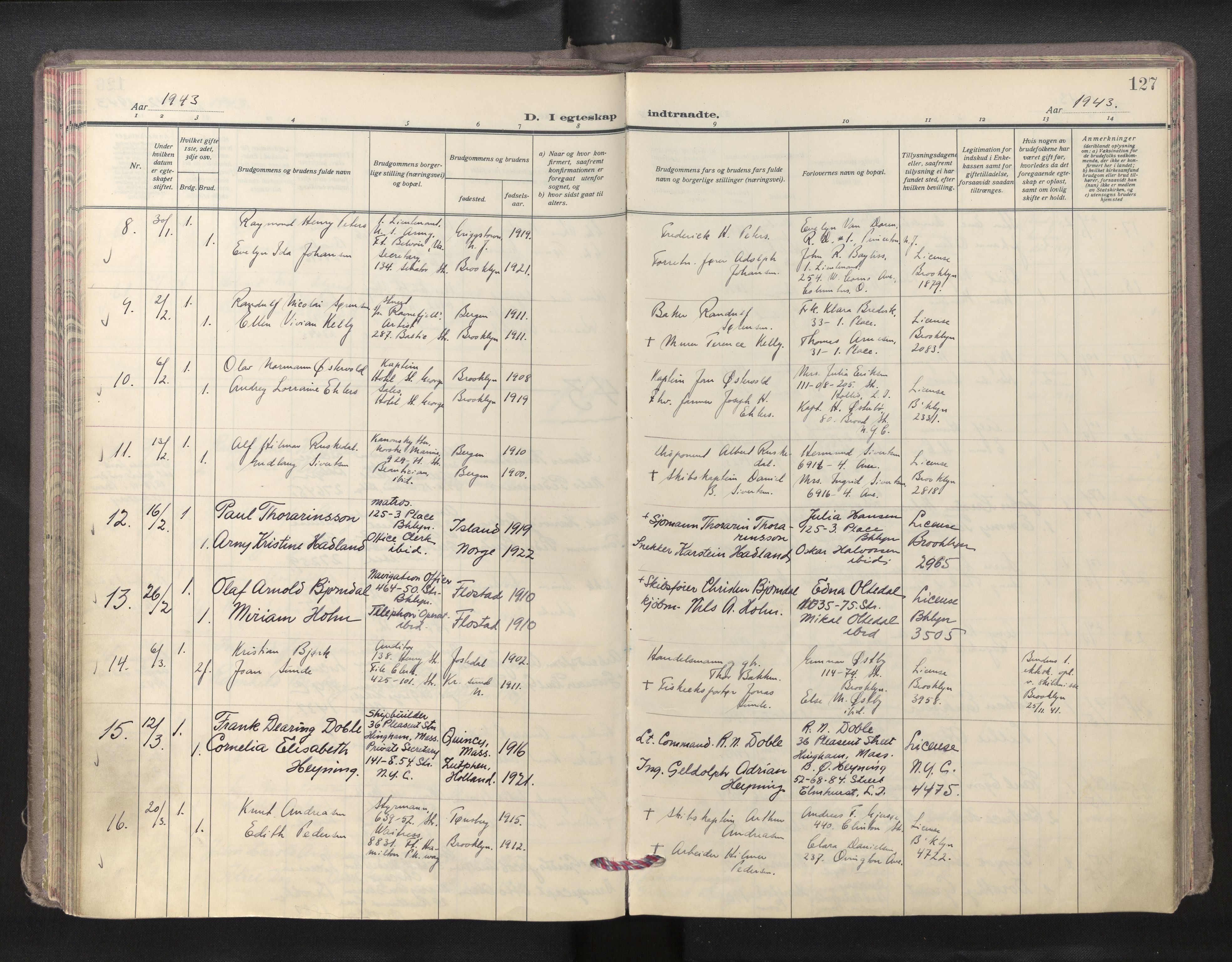 Den norske sjømannsmisjon i utlandet/New York, AV/SAB-SAB/PA-0110/H/Ha/L0009: Parish register (official) no. A 9, 1935-1945, p. 126b-127a