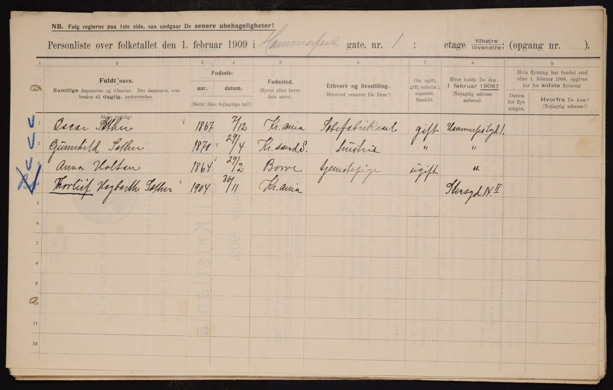 OBA, Municipal Census 1909 for Kristiania, 1909, p. 31001