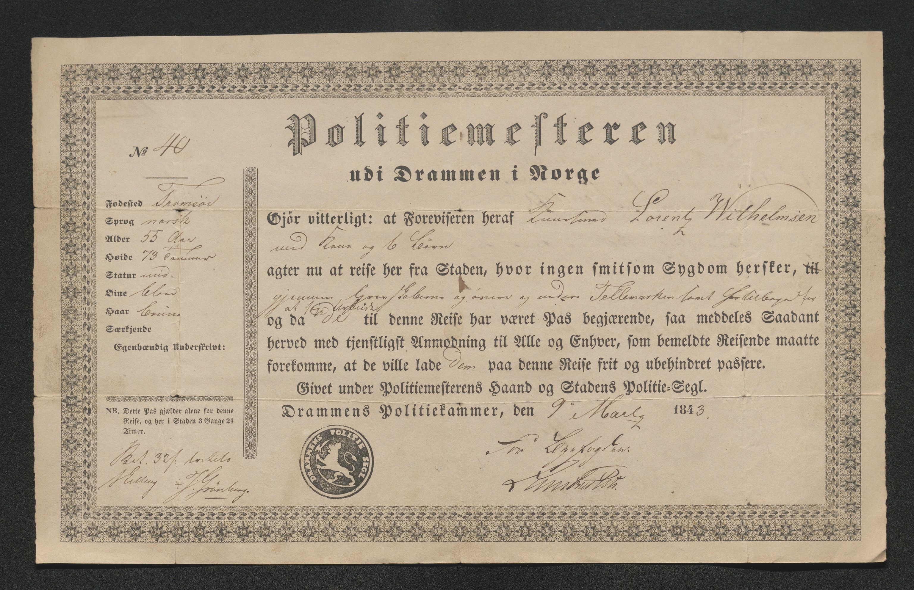 Drammen politikammer, SAKO/A-623/I/Ia/Iab/L0007: Innleverte pass, 1843-1844, p. 252
