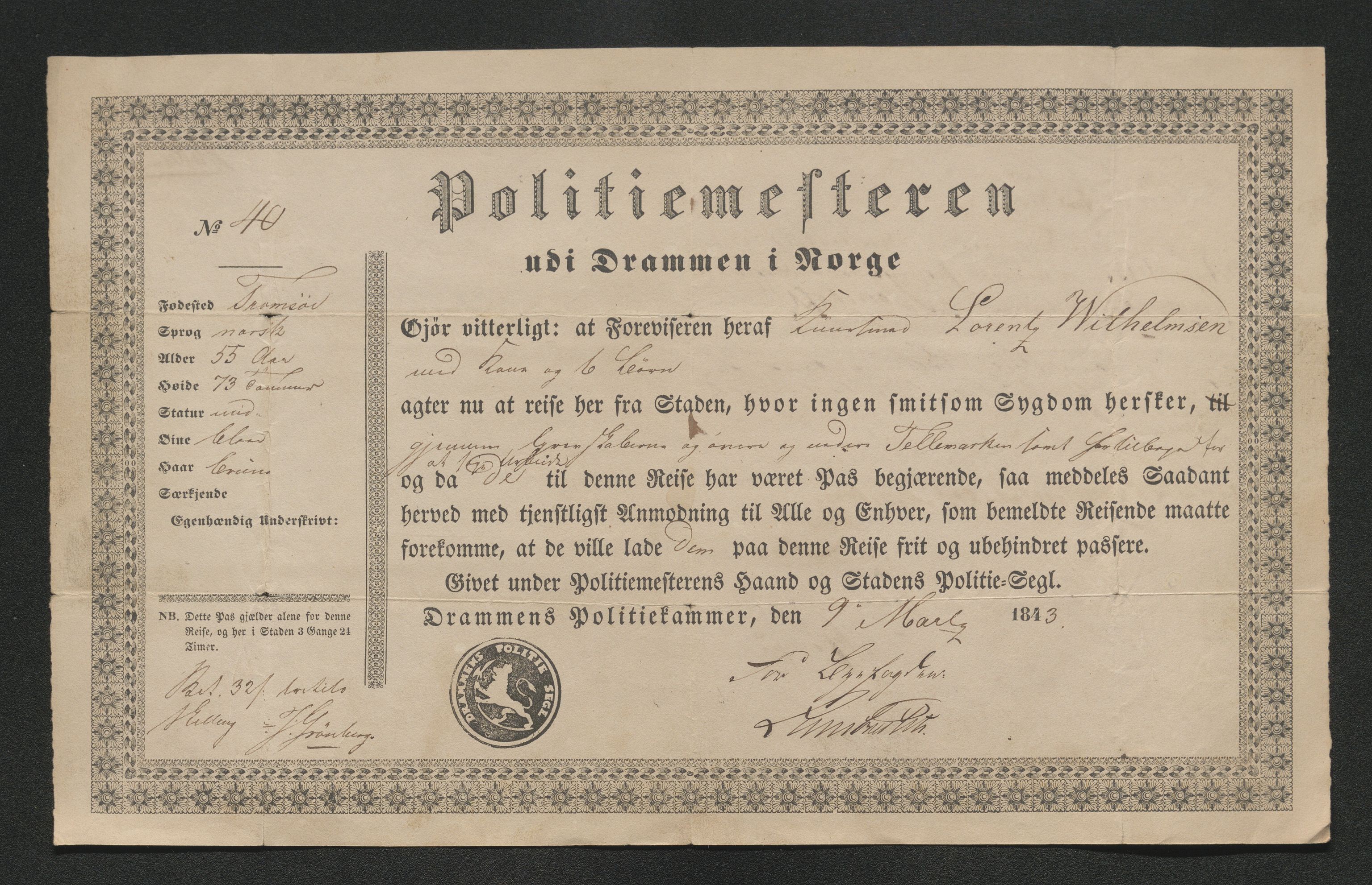 Drammen politikammer, AV/SAKO-A-623/I/Ia/Iab/L0007: Innleverte pass, 1843-1844, p. 252