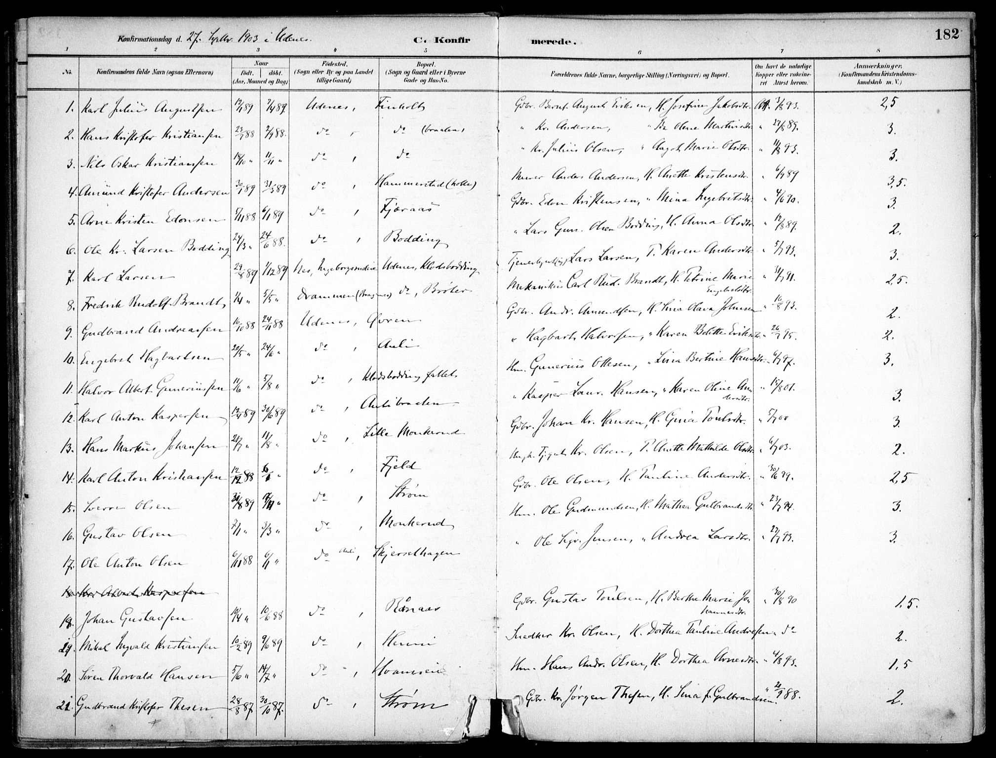 Nes prestekontor Kirkebøker, AV/SAO-A-10410/F/Fc/L0002: Parish register (official) no. IIi 2, 1882-1916, p. 182