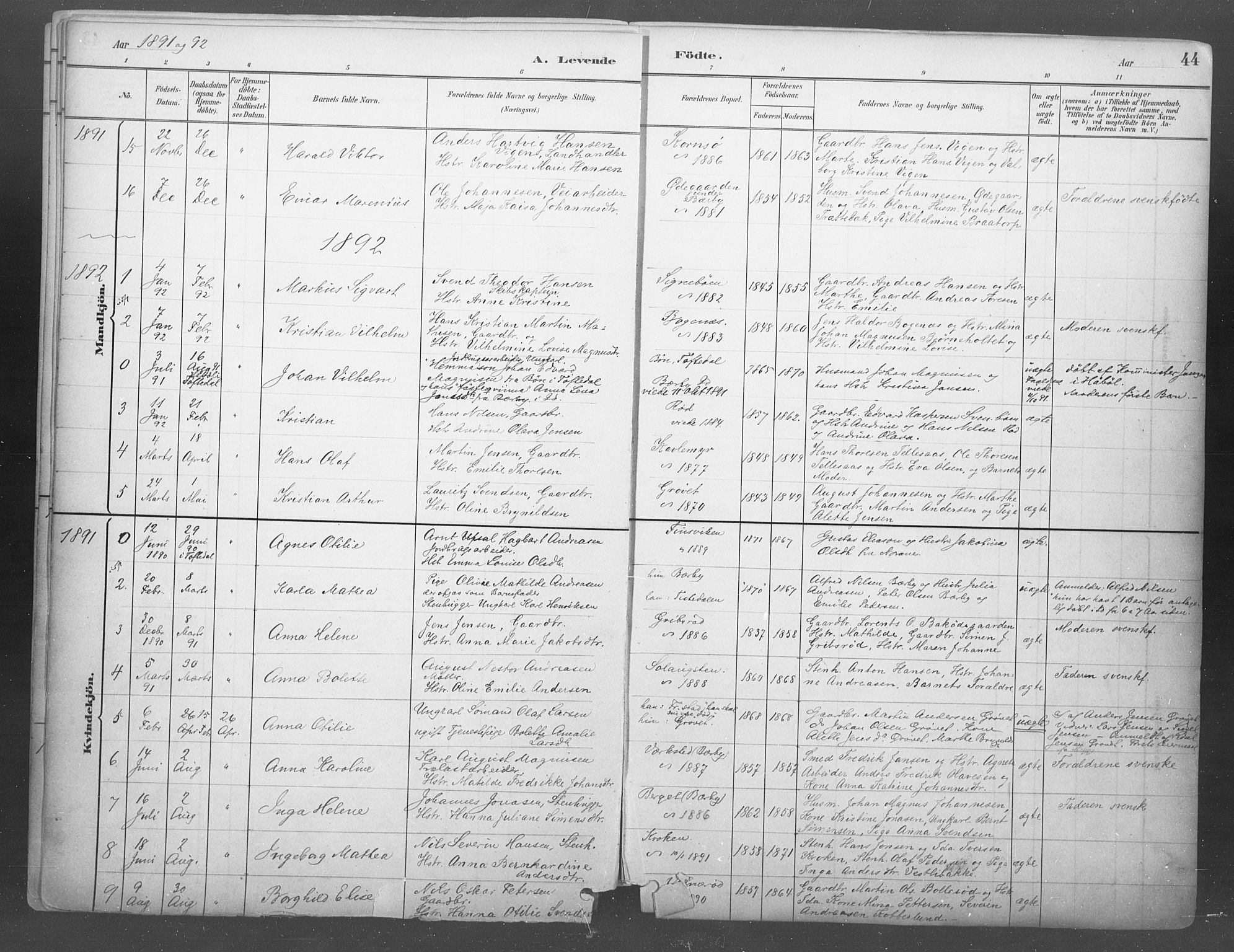 Idd prestekontor Kirkebøker, SAO/A-10911/F/Fb/L0002: Parish register (official) no. II 2, 1882-1923, p. 44