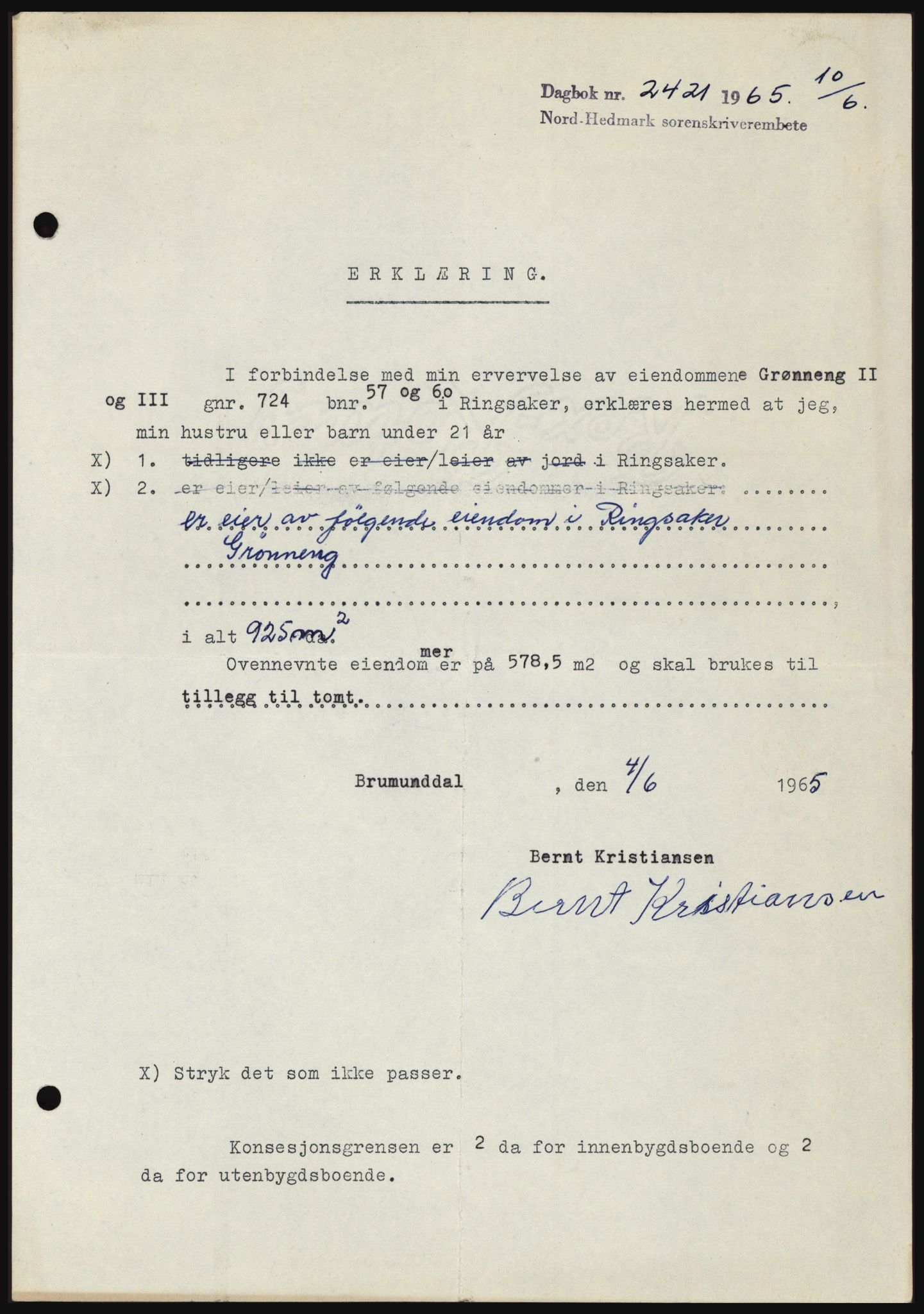 Nord-Hedmark sorenskriveri, SAH/TING-012/H/Hc/L0022: Mortgage book no. 22, 1965-1965, Diary no: : 2421/1965