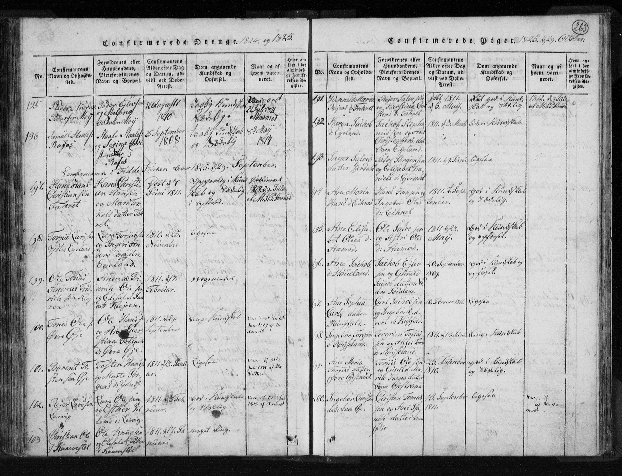 Kvinesdal sokneprestkontor, AV/SAK-1111-0026/F/Fa/Fab/L0003: Parish register (official) no. A 3, 1815-1829, p. 263