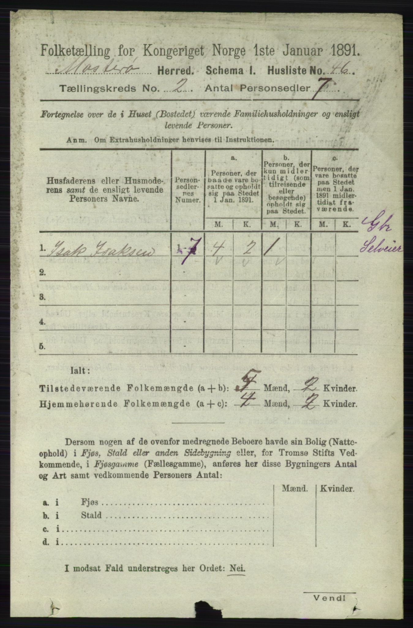 RA, 1891 census for 1143 Mosterøy, 1891, p. 615